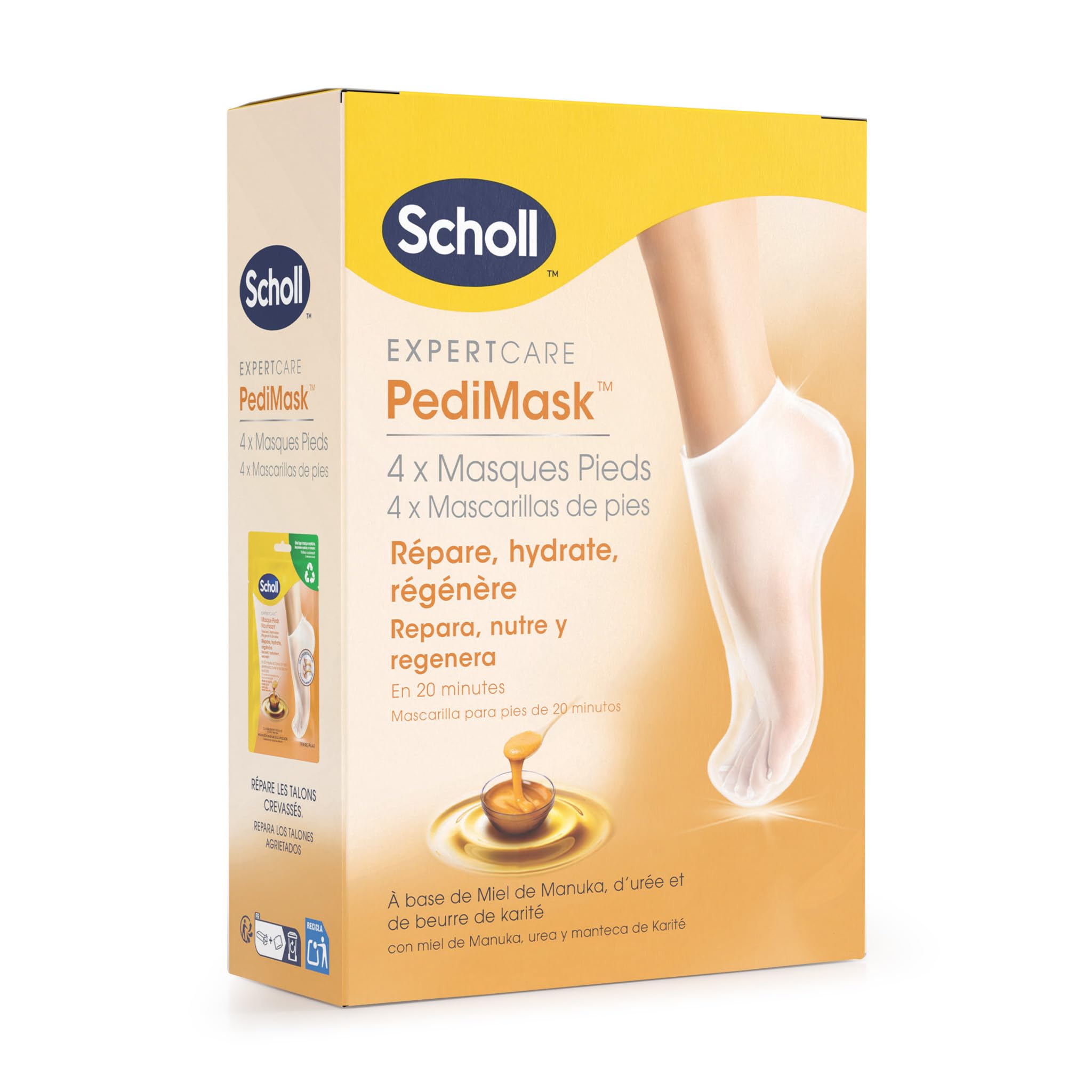 Scholl Masques pour pieds Nourrissants - Lot de 4 paires - Des pieds plus doux en une seule application - Formule composée d'huile de manuka, d'urée et de beurre de karité pour une hydratation intense