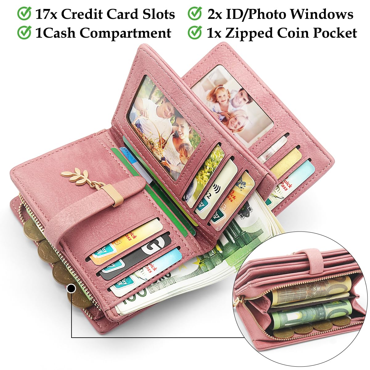 Portafoglio Donna Piccolo Portafogli Pelle PU RFID Blocco Elegante Corto Portamonete per donna con 17 Porta Carta di Credito Cerniera (Rosa)