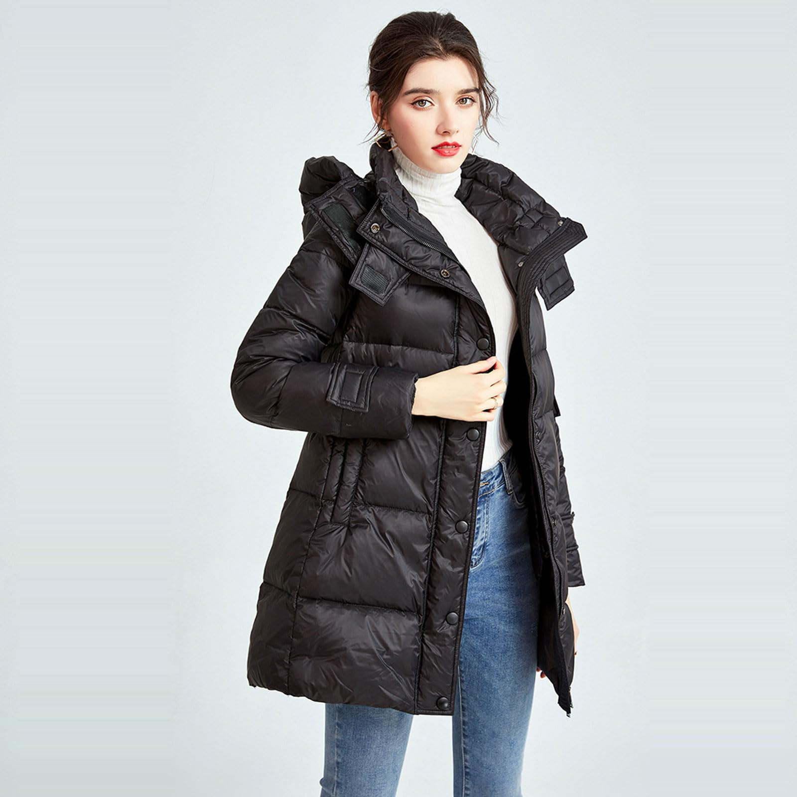 Chaqueta Plumas Down Jacket Mujer Chaqueta Acolchada con Capucha Abrigo Cálido Invierno Abrigo Largo Acolchado Ligero