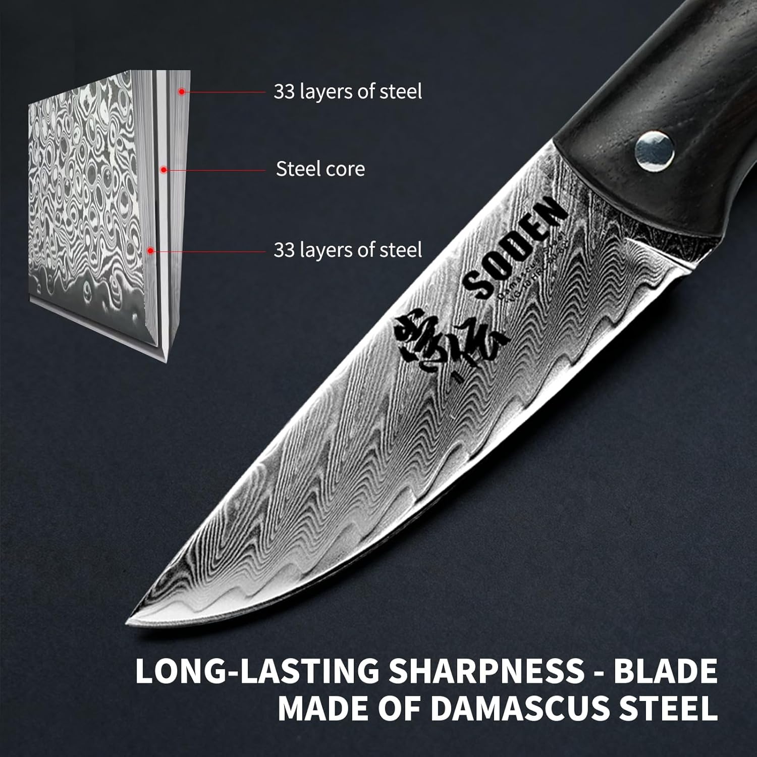 SODEN Damascus Camping Knife, VG-10 Core Full Tang Fixed Blade for Survival & Outdoor Hunting | Ergonomic Rosewood Handle | Premium Knife Tool