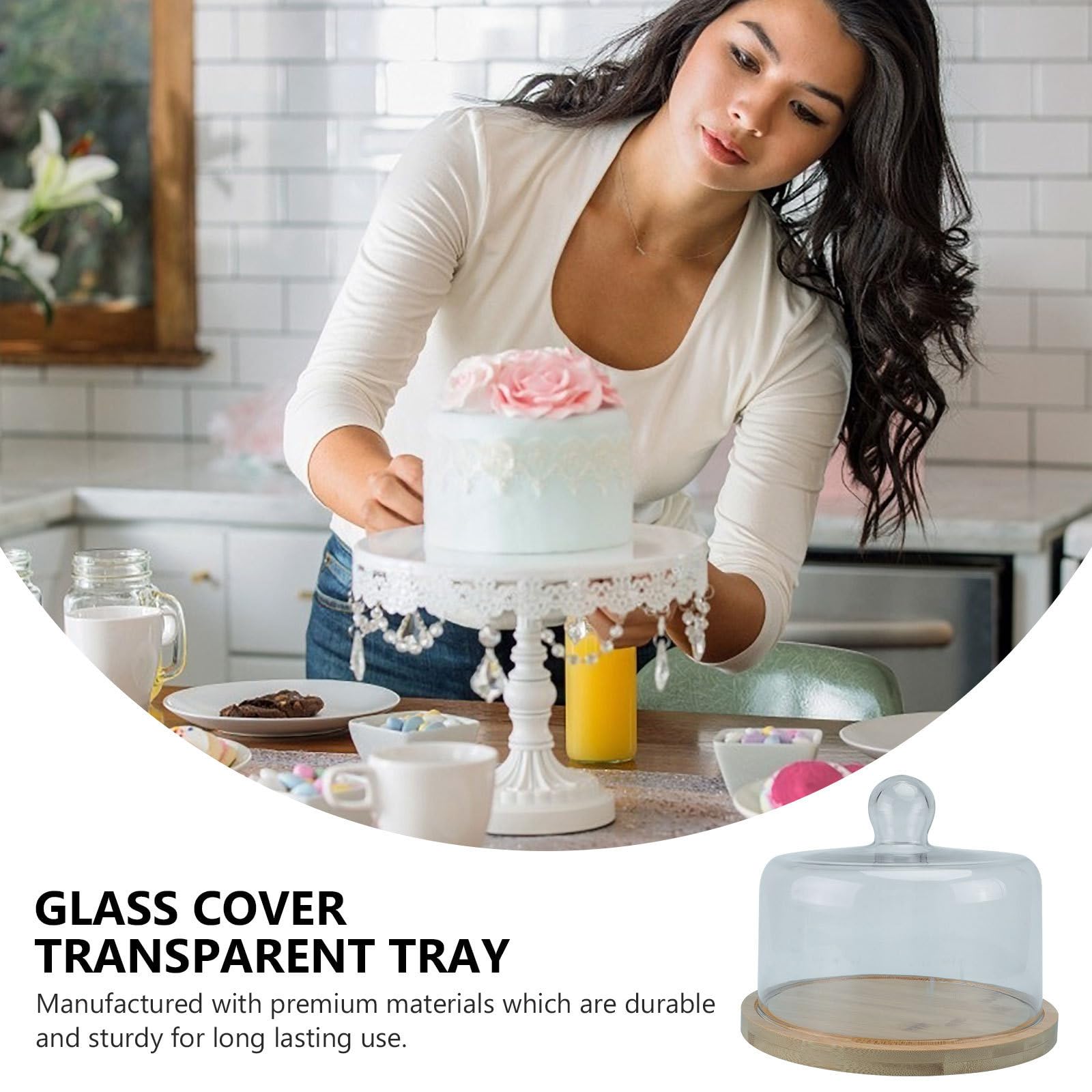 Plateau à Gâteau Tournant en Bois avec Couvercle en Verre Transparent, Plateau Alimentaire Polyvalent et Poignée Arrondie pour Présentation de Desserts