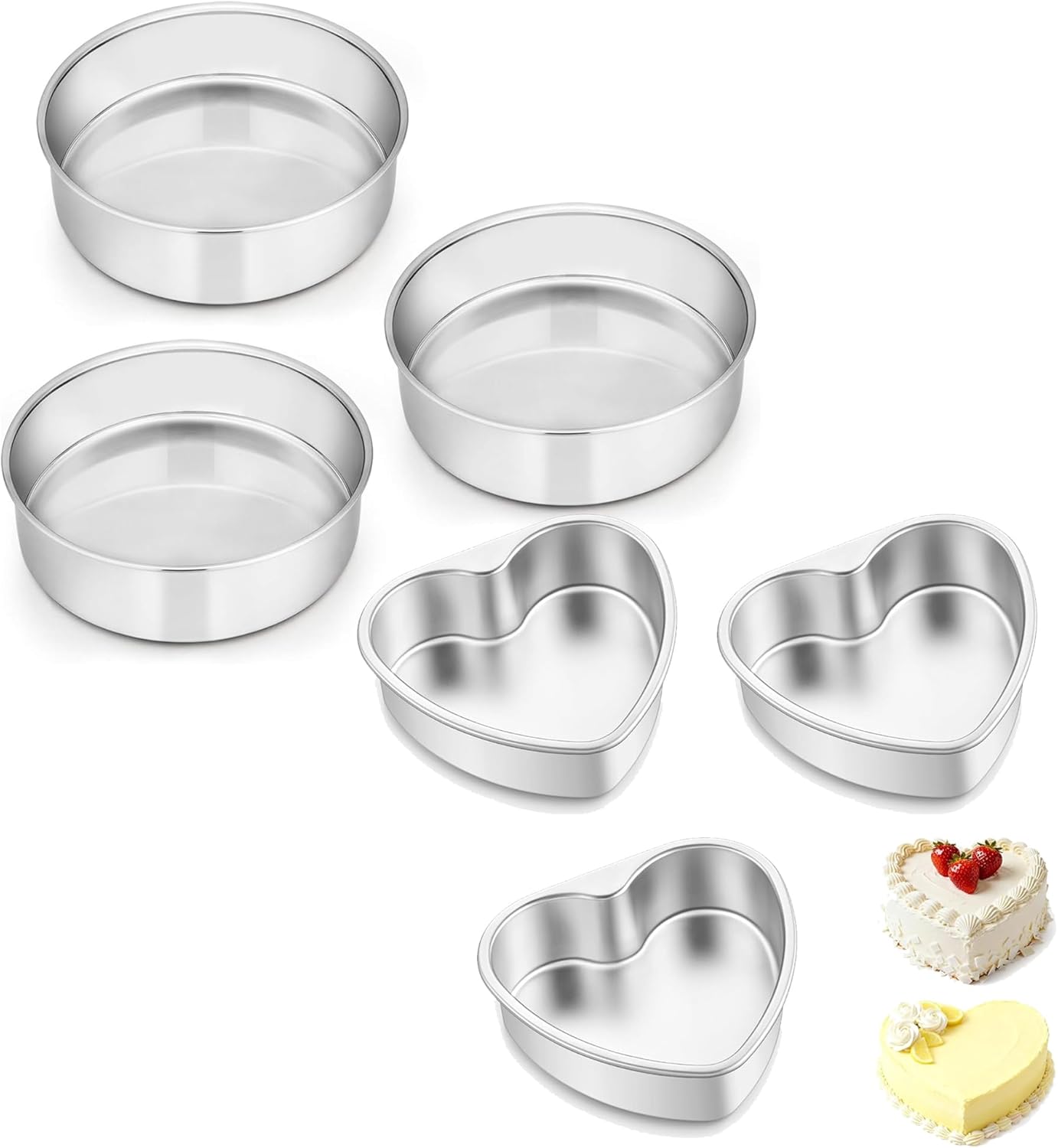 E-far 6 Inch Cake Pan Set of 3 and 6 Inch Heart Cake Pan, Stainless Steel Round Smash Cake Baking Pans Tins, 3Pcs Stainless Steel Small Heart Shaped Cake Mold, Non-Toxic & Healthy, Dishwasher Safe