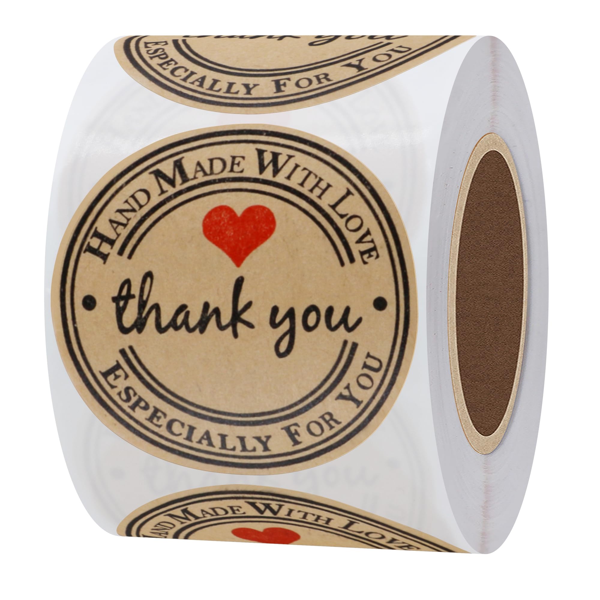Hylabelest 2" Inch Round Kraft Paper Thank You Hand Made with Love with Red Heart Stickers (Kraft, 51mm)