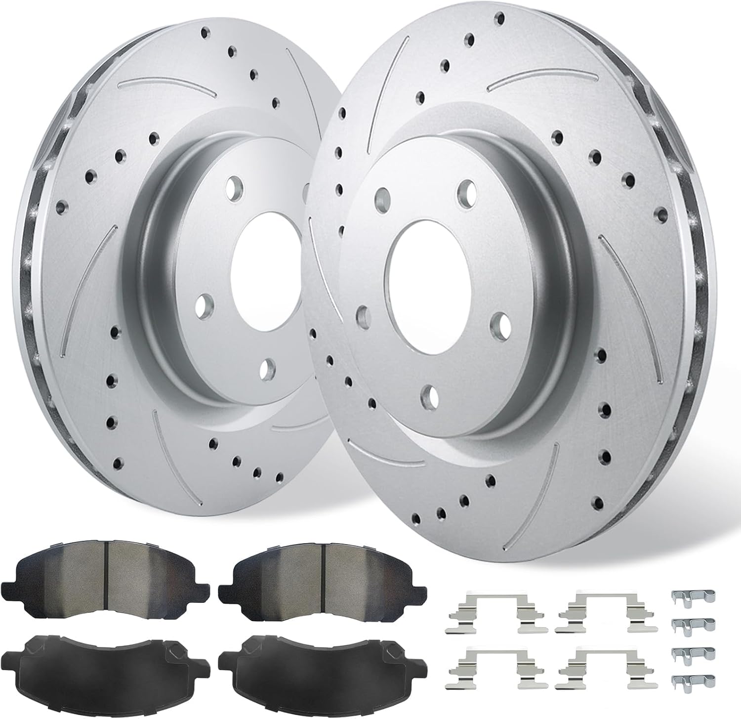 Betthand Front Brake Kits for 2007-2017 Jeep Patriot Compass, 2008-2014 Dodge Avenger, 2008-12 Caliber, 2011-14 Chrysler 200, 07-10 Sebring, Drilled & Slotted, Geomet-Coated Rotors And Ceramic Pads
