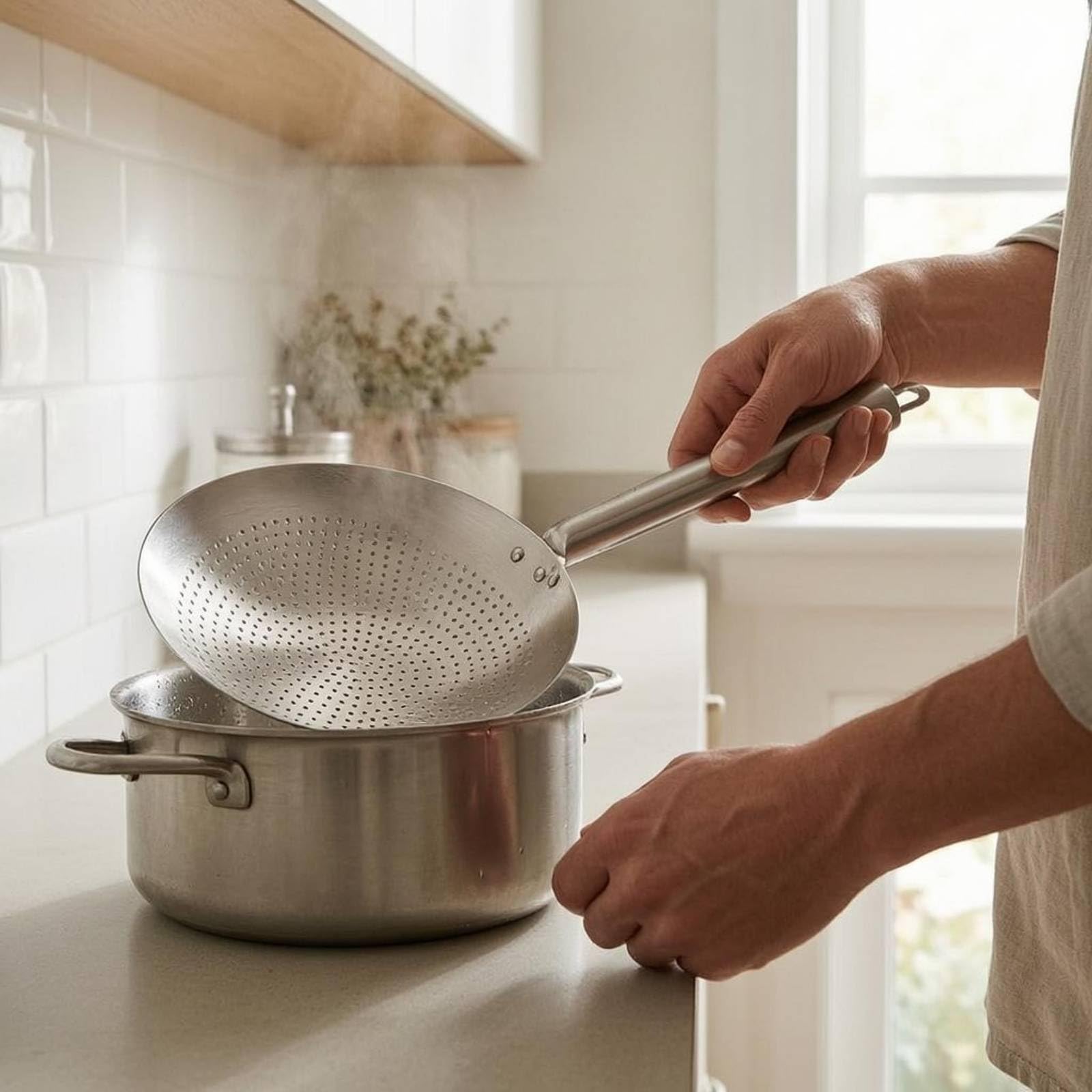 Colador de Acero Inoxidable 316L Cuchara Escurridora Espumadera con Malla Compacta y Cazo Resistente al para Escurrir Aceite Hervir Fideos Tareas de Cocina, 26cm