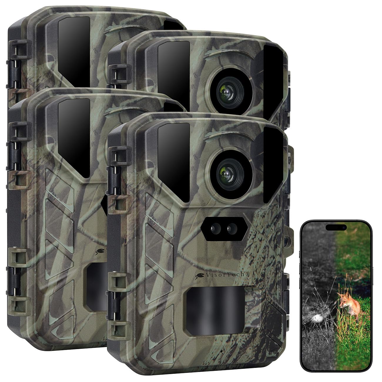VisorTech Tierbeobachtung Kamera: 4er-Set WLAN-Wildkamera mit 50 MP, 4K interpoliert & No-Glow-IRs (4K-WLAN-Wildkameras mit App, Wildtierkameras)