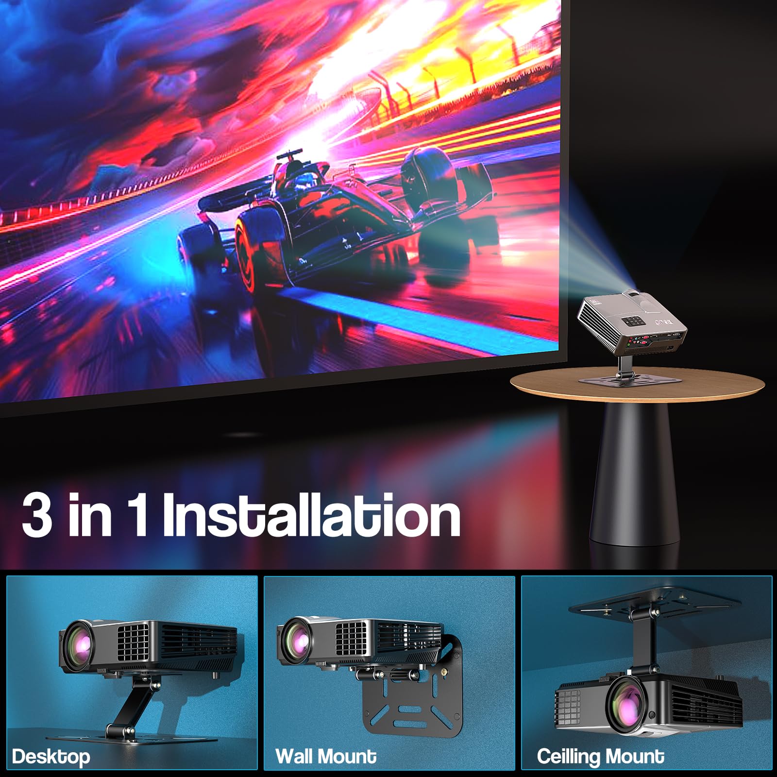 Soporte plegable para proyector, soporte para proyector de escritorio, soporte de proyector de mesa con ángulo de inclinación, soporte pequeño ajustable para mini proyector con bridas para 3