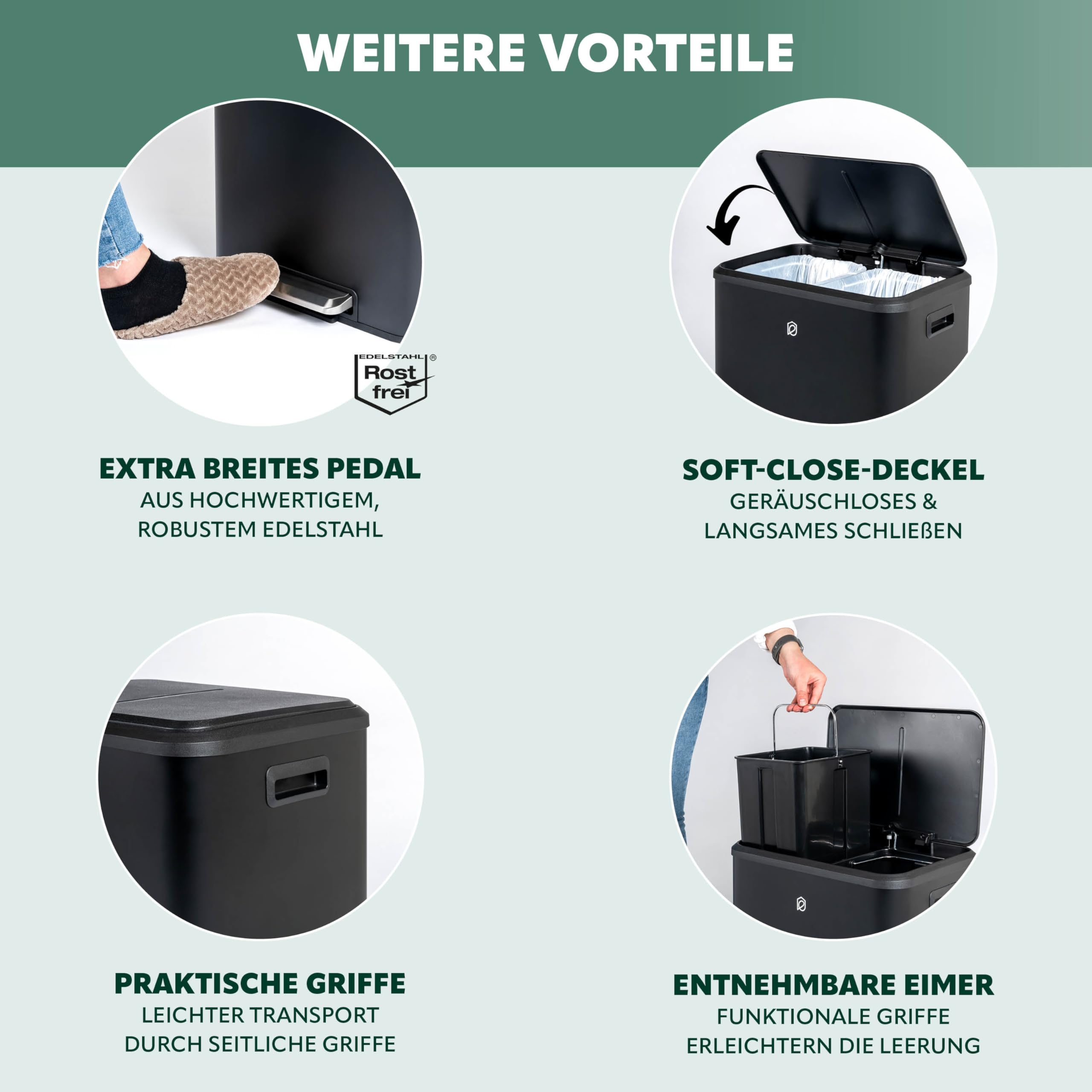 eluno Abfalleimer, Treteimer - 2 Fächern mit je 15 Liter Fassungsvermögen, herausnehmbare Inneneimer aus Kunststoff, seitliche Griffe, großes Fußpedal, Mülltrennsystem, Soft-Close Deckel (Schwarz)
