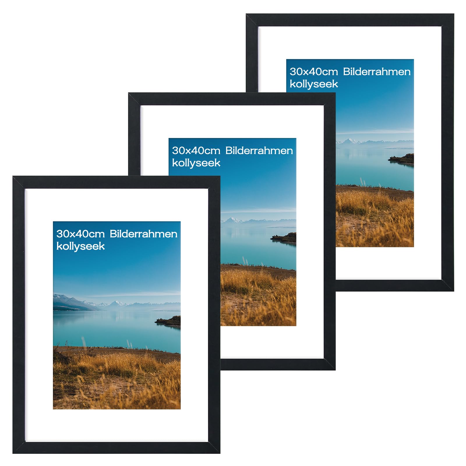 kollyseek Juego de 3 marcos de fotos de 30 x 40 cm de MDF y cristal acrílico negro, marcos de fotos de madera, para colgar y colocar, salón para colocar y colgar, marcos decorativos negros