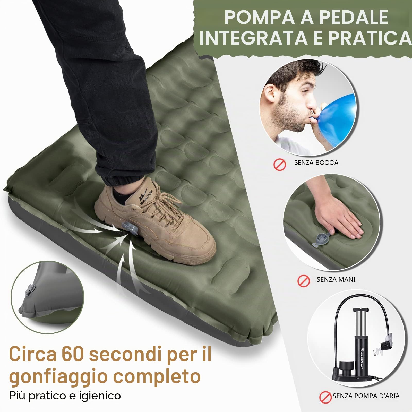 Materassino da Campeggio, Addensato 12CM Letto per Dormire All'aperto con Cuscino e Pompa a Pedale, Tappetino da Campeggio Gonfiabile Leggero Impermeabile per Escursionismo Zaino in Spalla Campeggio