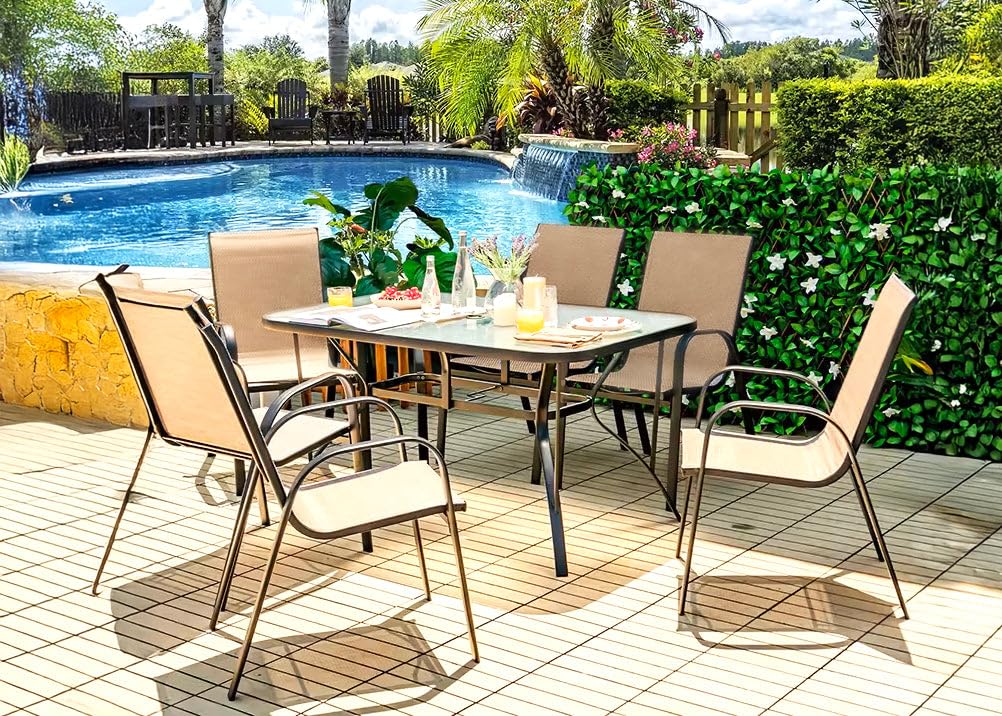 S & S Saldos y Stocks Mesa de Cristal Templado HC + 6 Sillas. Muebles de Jardin y Terraza, Marron