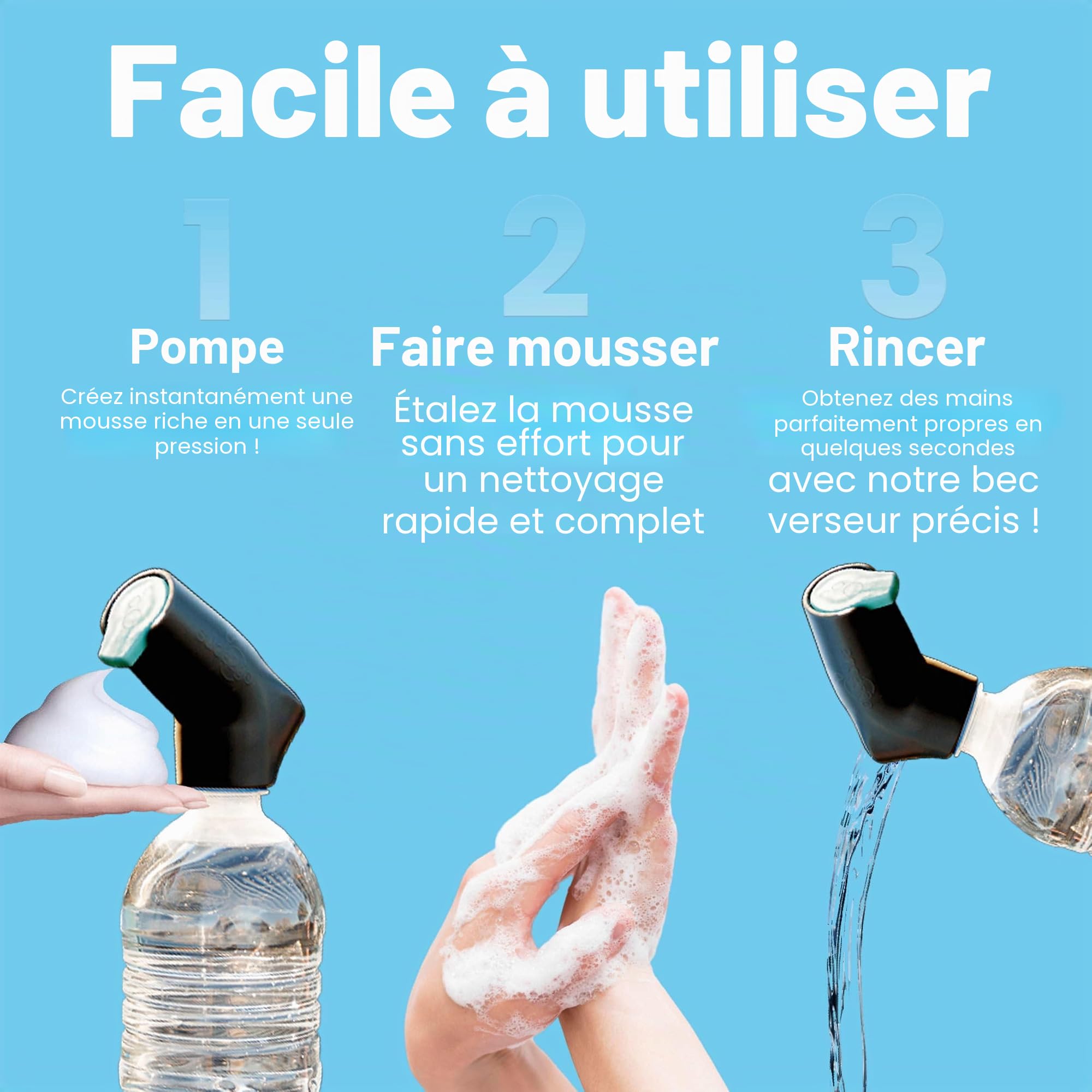 Suds2Go Lot de 2 Bouchons Rechargeables – Ajustement Universel Qui transforme la Plupart des Bouteilles d'eau jetables en Station de Lavage des Mains – Comprend Un réservoir de Savon Rechargeable –