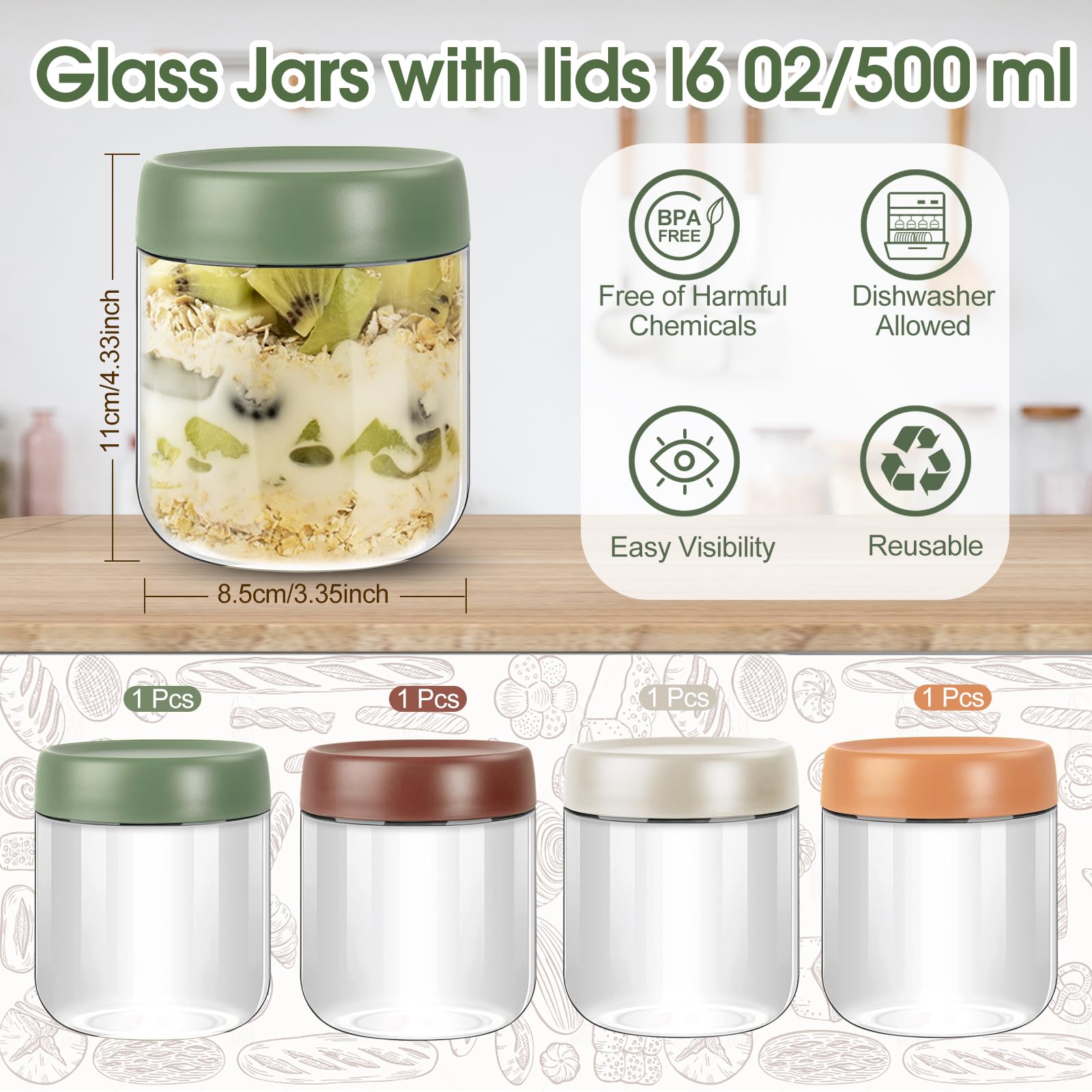 LWMTT Overnight Oats Jars,4 Pezzi Barattoli Vetro con Coperchio Ermetico, Barattoli Vetro con Coperchio per Avena Durante la Notte,Insalata,Frutta,Ogurt,Chutney,Marmellata,Spezie (4