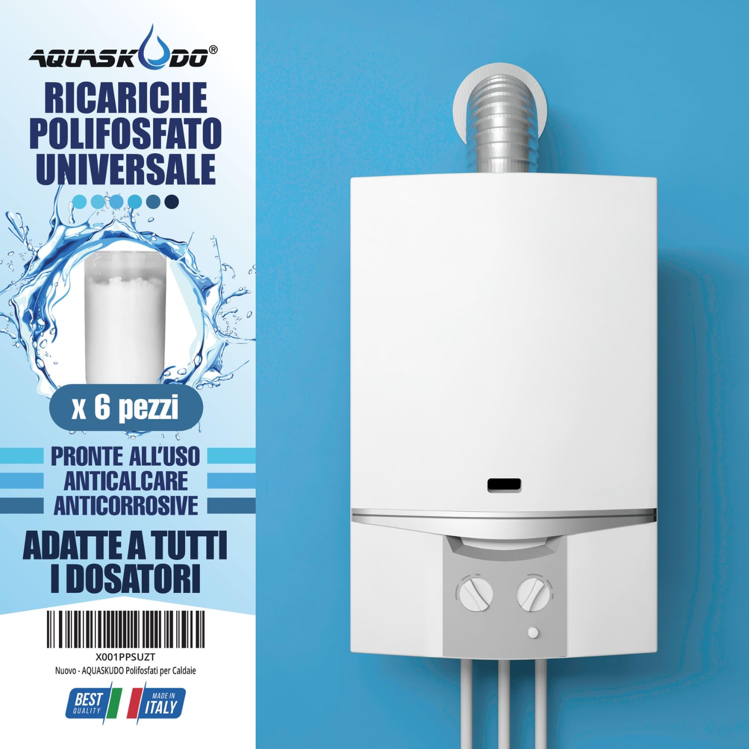 AQUASKUDO Polifosfati per Caldaia Ricarica - Cartucce Universali per Filtro Anticalcare Made in Italy - 6 Ricariche Polifosfati per Caldaie