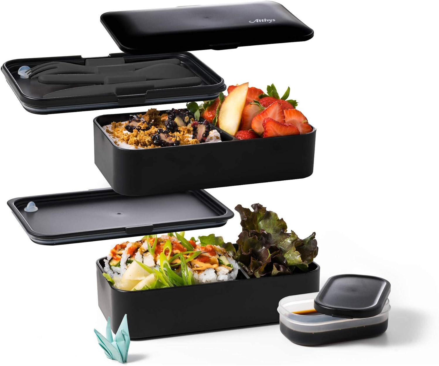Atthys Matte Black Lunch Box Japanese Bento Design 3 Cutlery