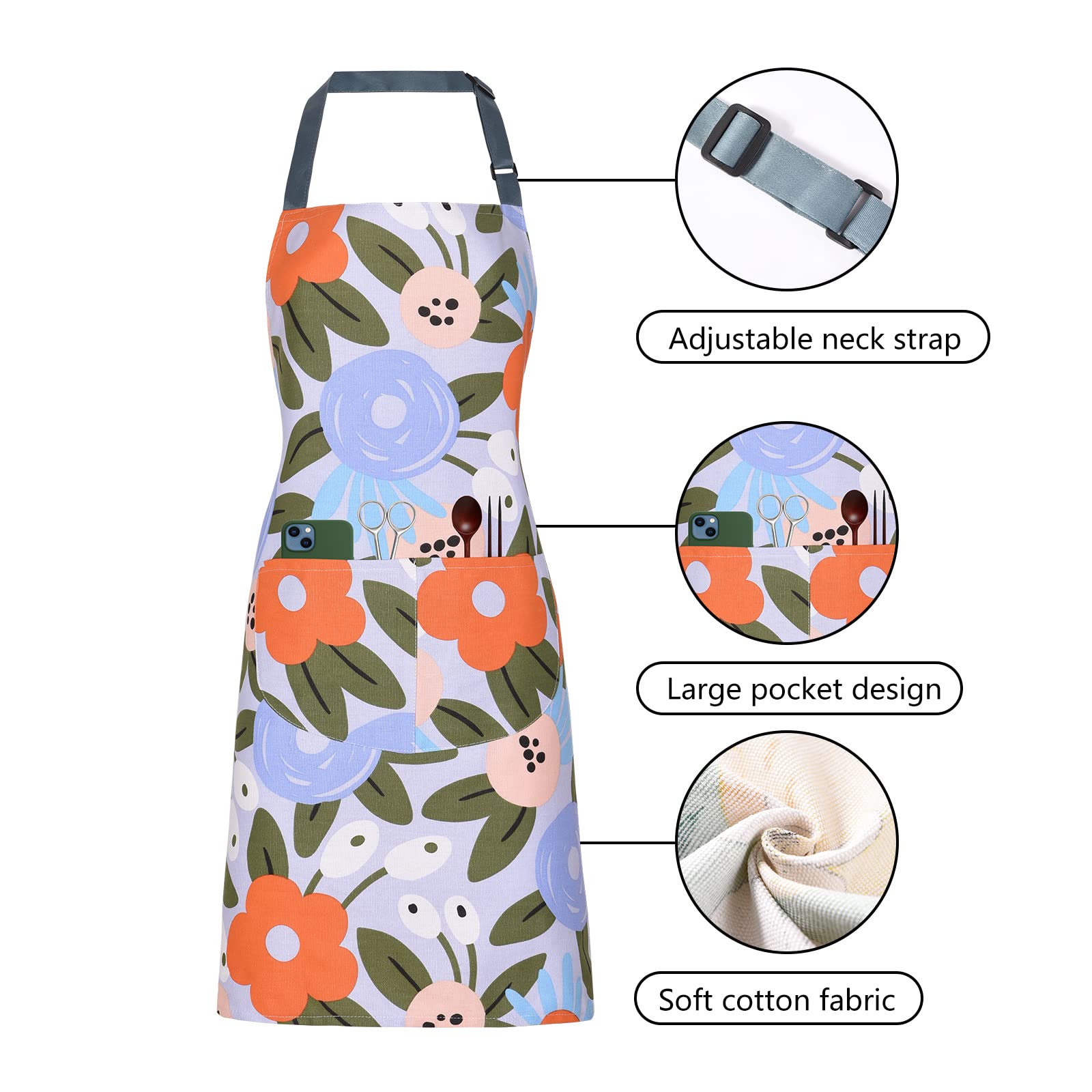 Paquete de 2 delantales florales para mujer con bolsillos, delantales de chef de algodón ajustables para cocina, cocina, barbacoa y parrilla