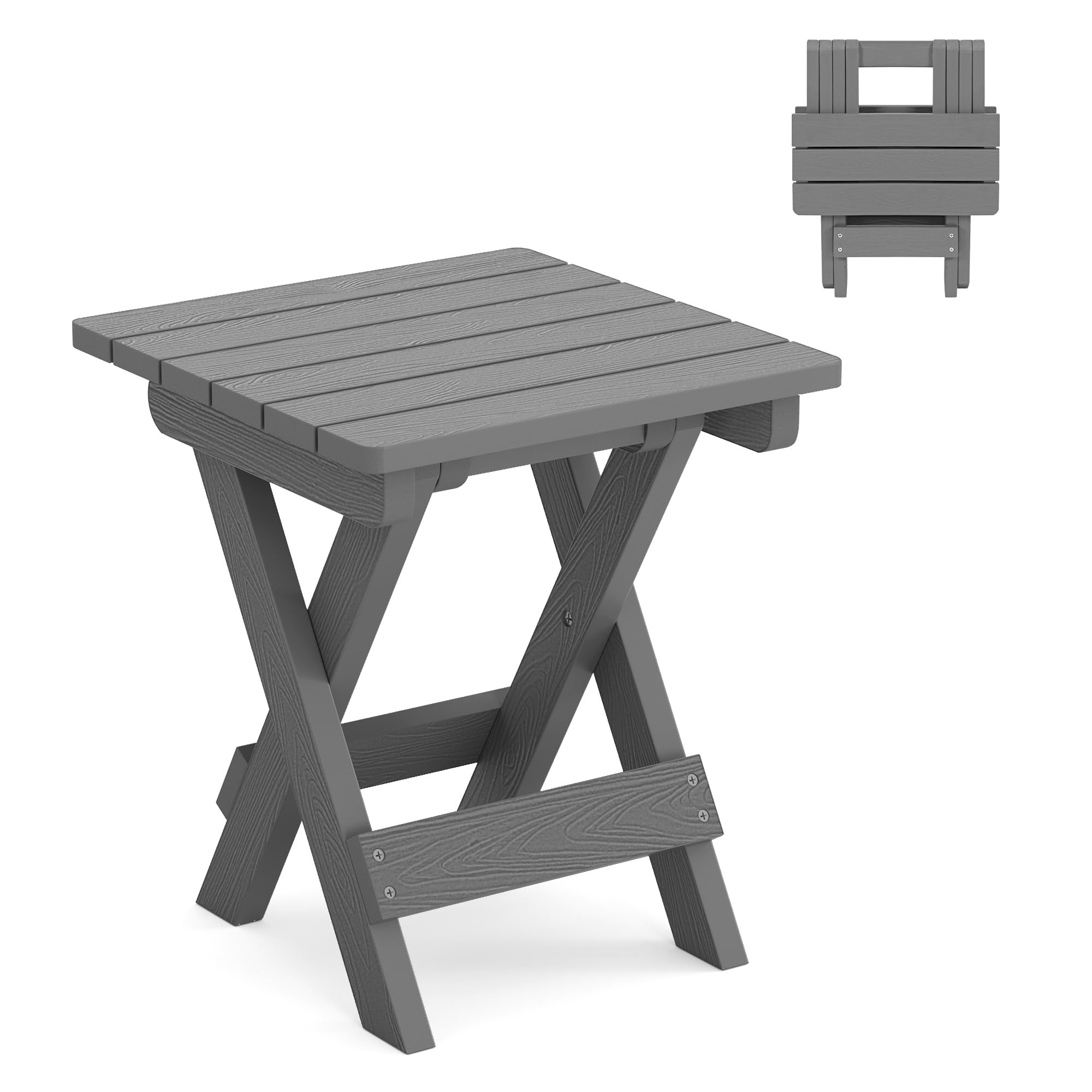 LUE BONA Small Outdoor Folding Side Table, HDPS Outside End Table for Patio, Porch, Deck, Pool, 14 Inch Height, Netural Grey