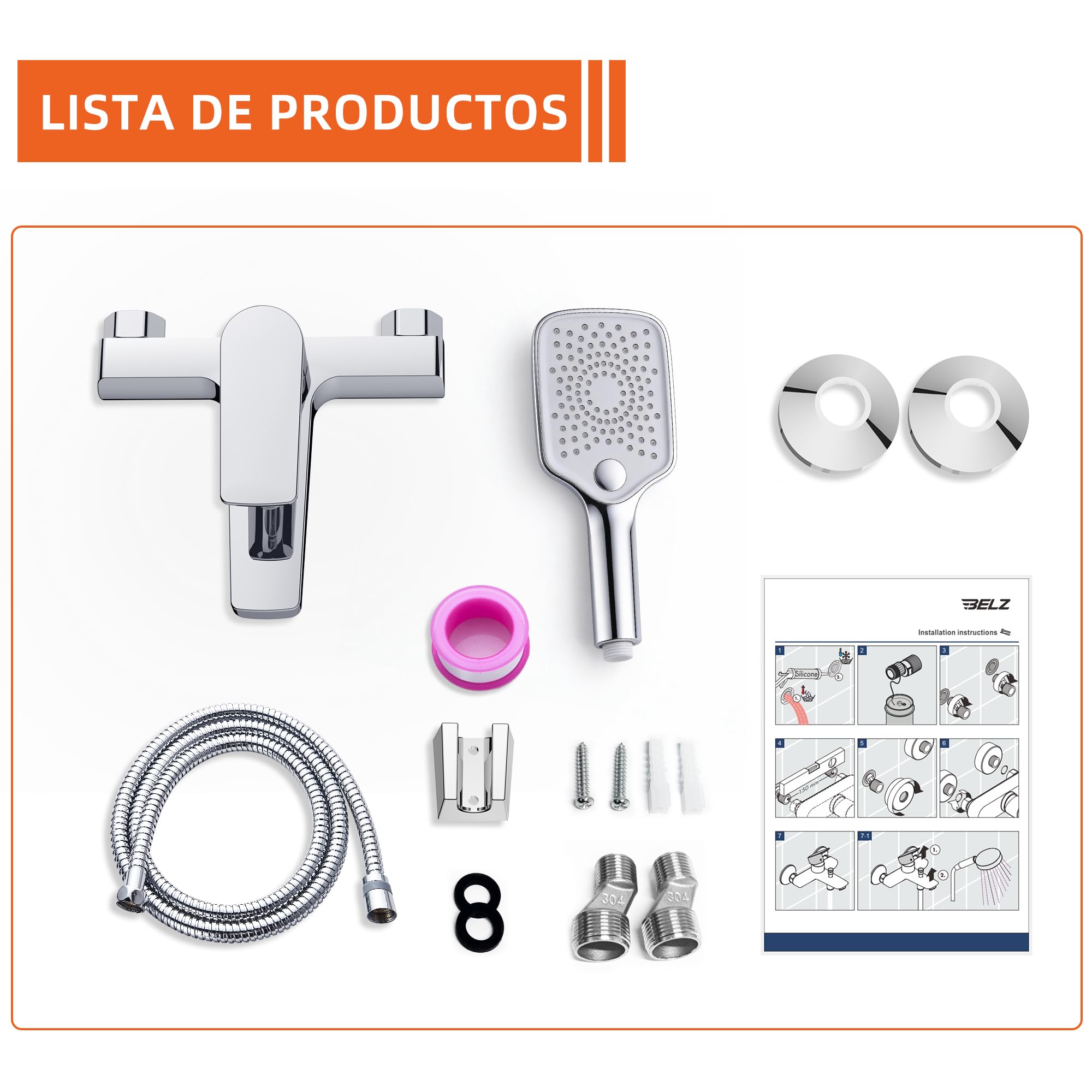 BELZ Grifo Bañera Latón Macizo Inversor Automático Antirretorno Con Ducha | Latón macizo·inversor baño/ducha·válvula retorno·ducha de mano·conectores S·monomando·cepillado