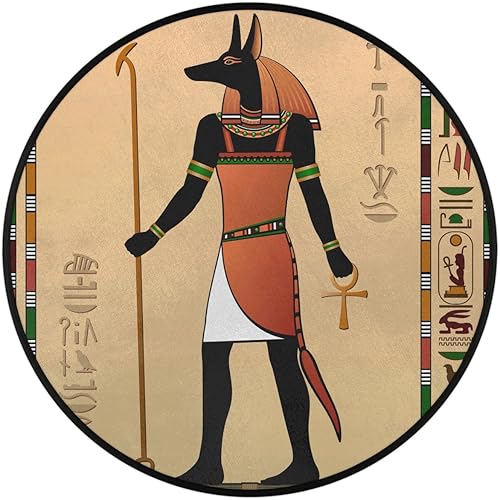 Miniatura 2 de Alfombra redonda de 5.2 pies  Murales egipcios Anubis alfombra redonda grande para dormitorio, antideslizante, suave, alfombra circular para sala de