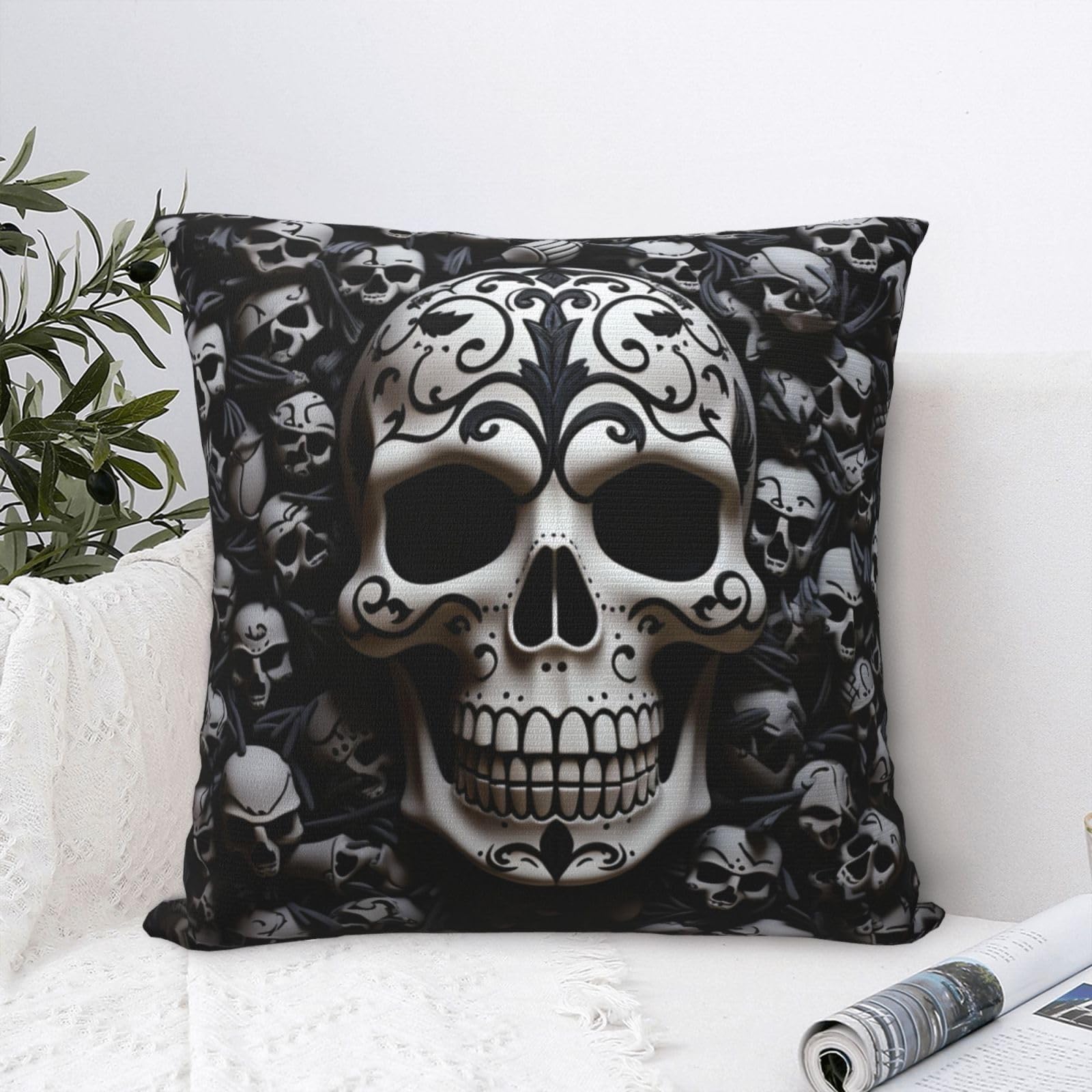 FodPand Luxury Velvet Throw Pillow Covers 18"x18" Super Soft Decorative Pillow Cases - Black and White Skulls Pillowcases Modern Lumbar Cushion Cases for Couch Sofa Bed Pillow Shams