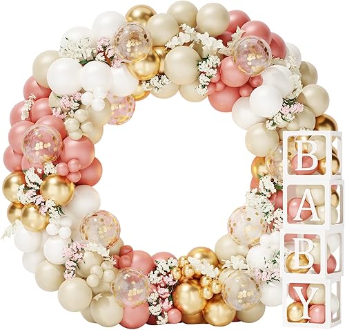 Miniatura 8 de Decoraciones de baby shower para niña, kit de arco de globos retro rosa, blanco y dorado, 4 cajas con letras para baby shower, decoraciones de feliz