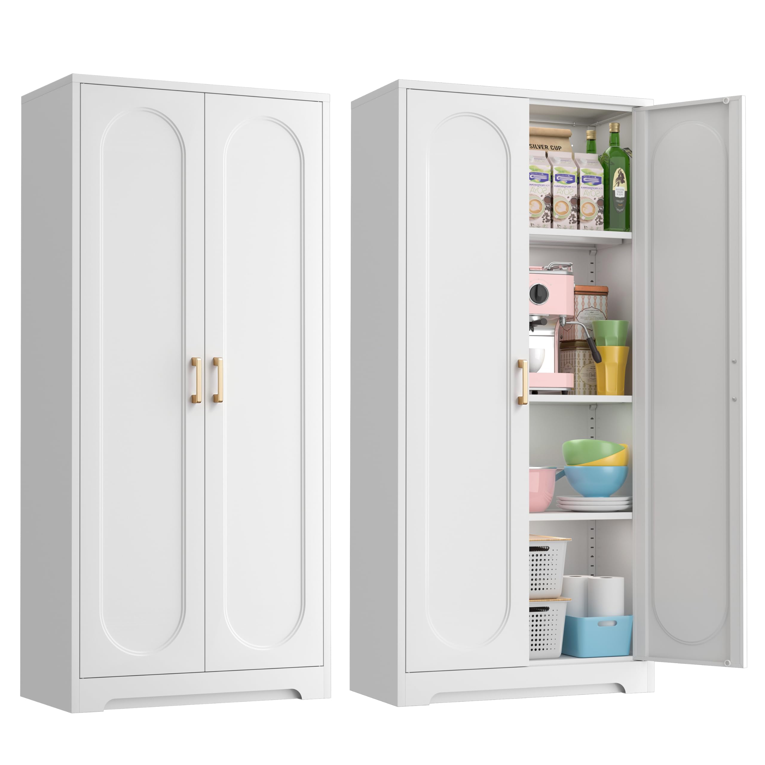 Kubohogar White Pantry Cabinet with Doors, 60" Tall Metal Pantry Cabinet with 3 Adjustable Shelves and Gold Handles, Kitchen Cupboard for Kitchen,