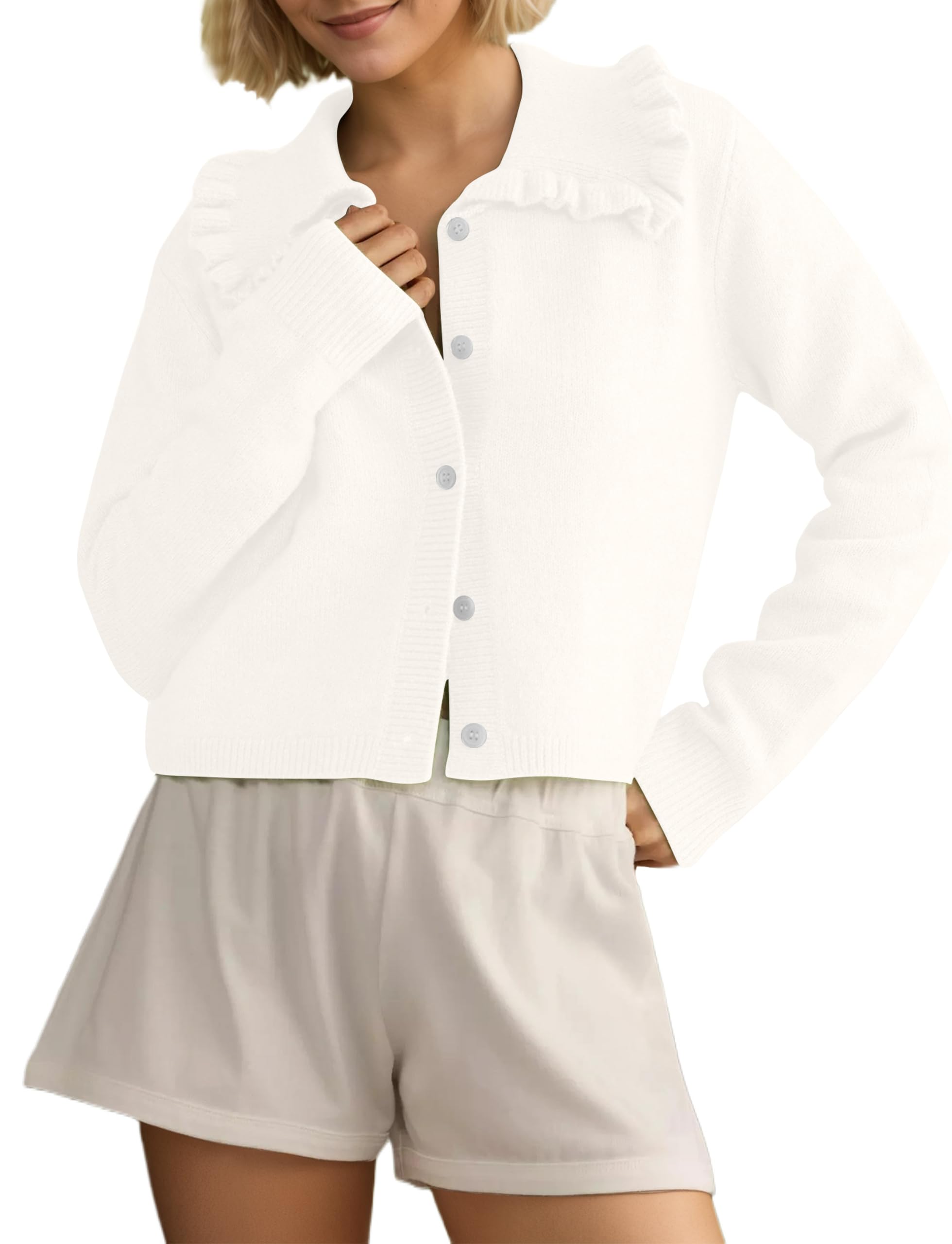 MISSACTIVER Women Ruffle Collar Cropped Cardigan Casual Lapel Button Down Sweaters Long Sleeve Open Front Knit Jacket