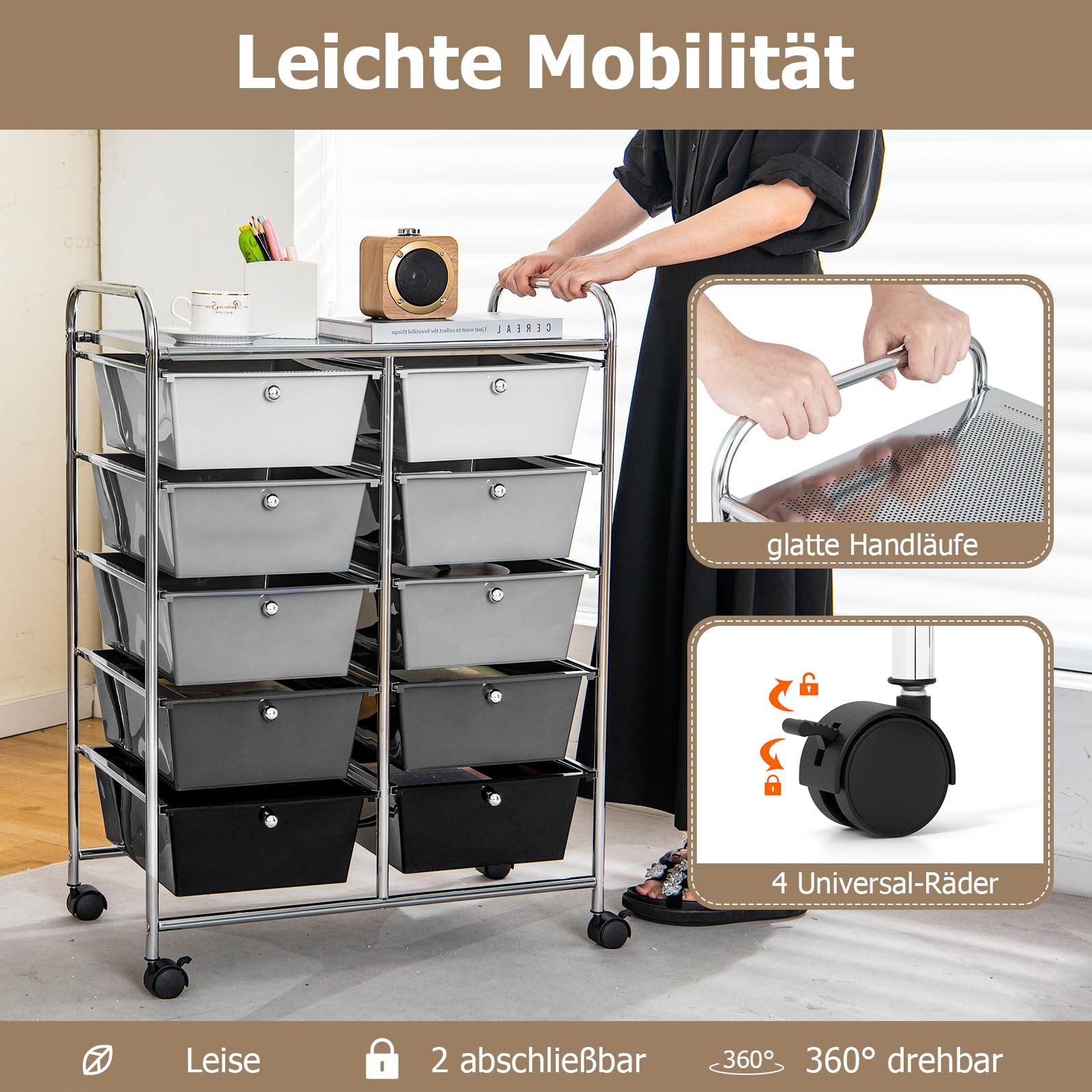 GOPLUS Rollwagen mit 10 Schubladen stapelbar, Rollcontainer mit Ablage & Metallgestell, Badregal, Aufbewahrungswagen, für Büro, Zuhause (Silber, Grau, Schwarz)