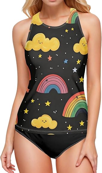 Rainbow Clouds Womens Tankini Top,Bathing Swim Top High Elastic Beach Swimsuit No Bottom-S