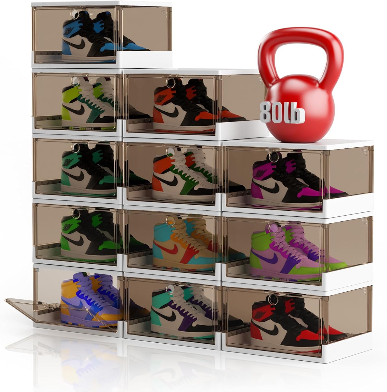 Thicken & Sturdy Clear Shoe Boxes with Magnetic Door, 12 Pack Stackable Boxes for Closet, Sneaker Storage for Sneakerhead, Shoe Display Case, Boots and Hat Organizer, Fits US Size 13