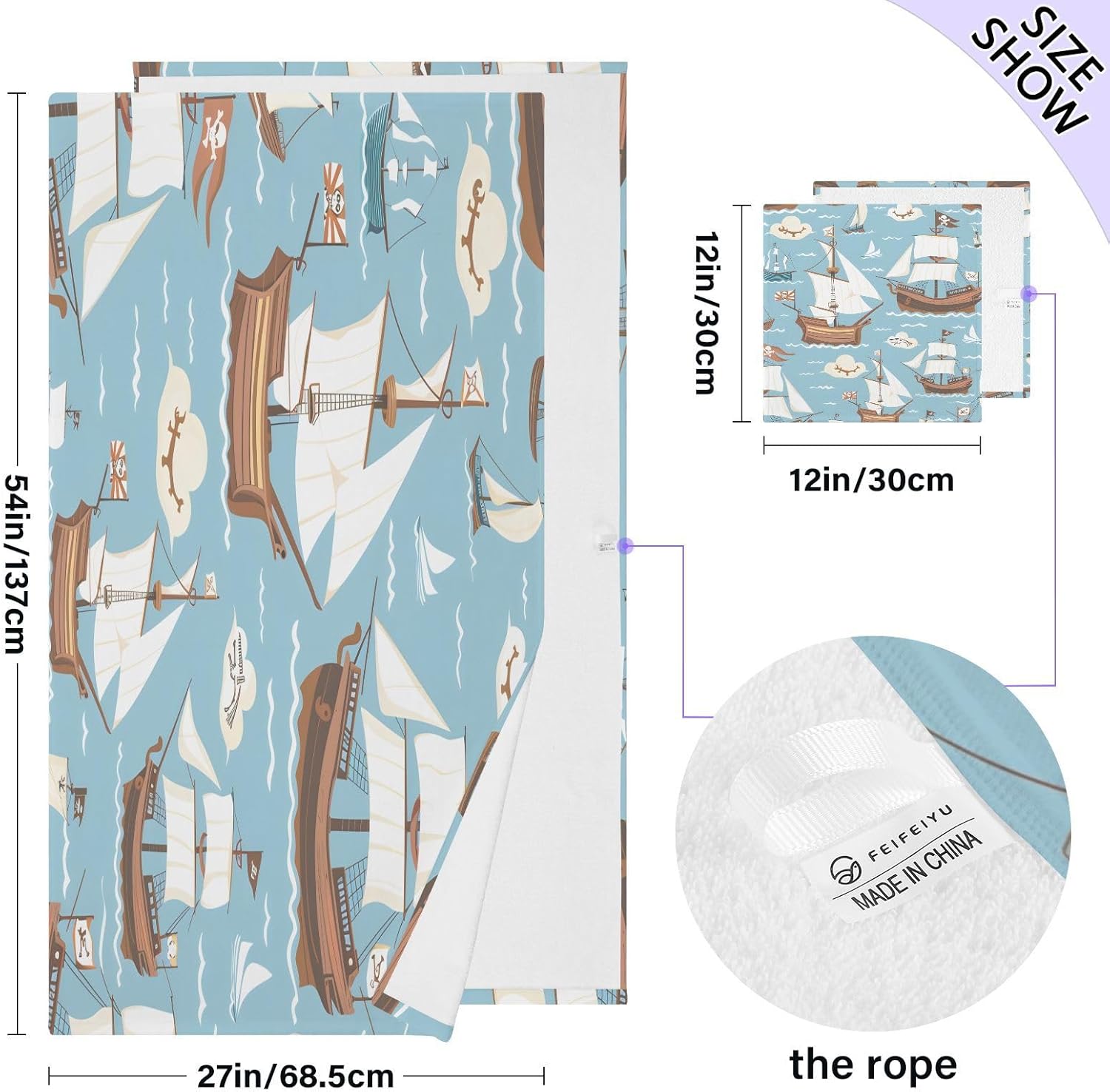 Hand Towels Premium Soft and Highly Absorbent Blue Piracy Schooner 2 Pcs Towels for Bathroom Set 100% Cotton Decorative Face Towels