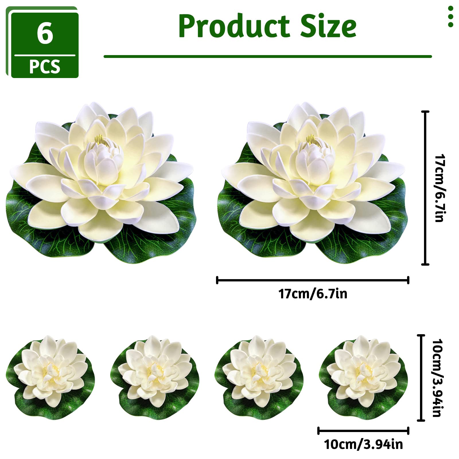 6 Pezzi Fior di Loto Artificiale Ninfee Galleggianti Impermeabile, Loto di simulazione Fiori galleggianti per Acquario Terrazza Giardino Piscina Laghetto(Bianco)