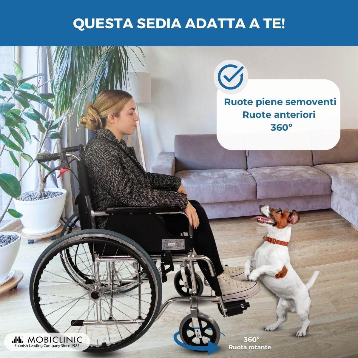 Mobiclinic®, Sedia a rotelle pieghevole, Modello palacio, Alluminio, Leggera, Seduta 46 cm, Doppio sistema frenante, Schienale sdoppiato, Poggiapiedi, Semovente,