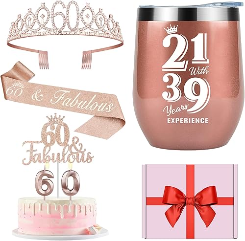 Decoraciones de cumpleaños número 60, regalos para mujeres, incluyendo corona, banda, decoración de pastel, velas y taza de vino o café de 12 onzas