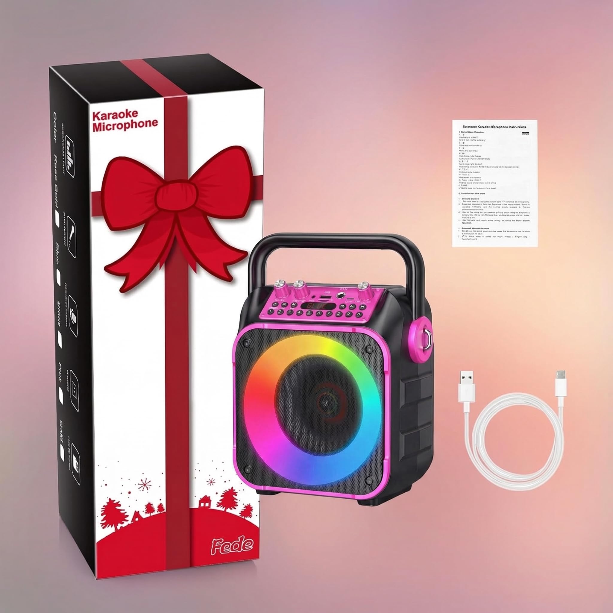 Fede Microphone Karaoké sans Fil, Micro à Main Portable Haut-Parleur pour Enfants/Adultes Chanter