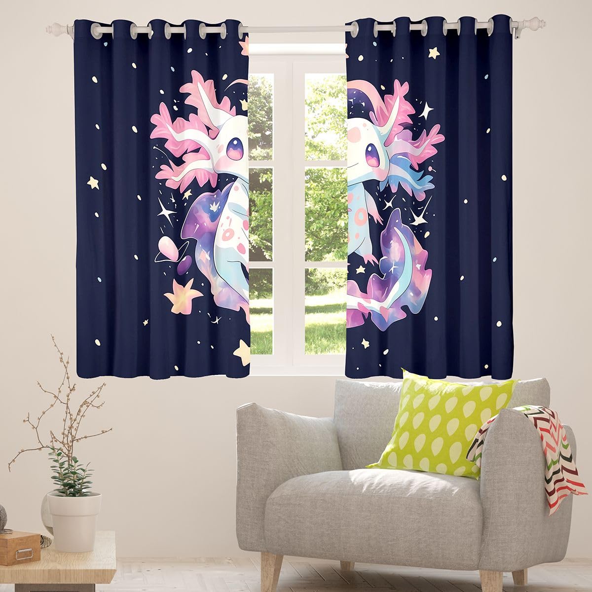 Homemissing Tende oscuranti Axolotl per camera da letto e soggiorno, motivo salamandra, stile kawaii, oceano marino, 2 pannelli, 132 x 228 cm, decorazione per la stanza nera e rosa