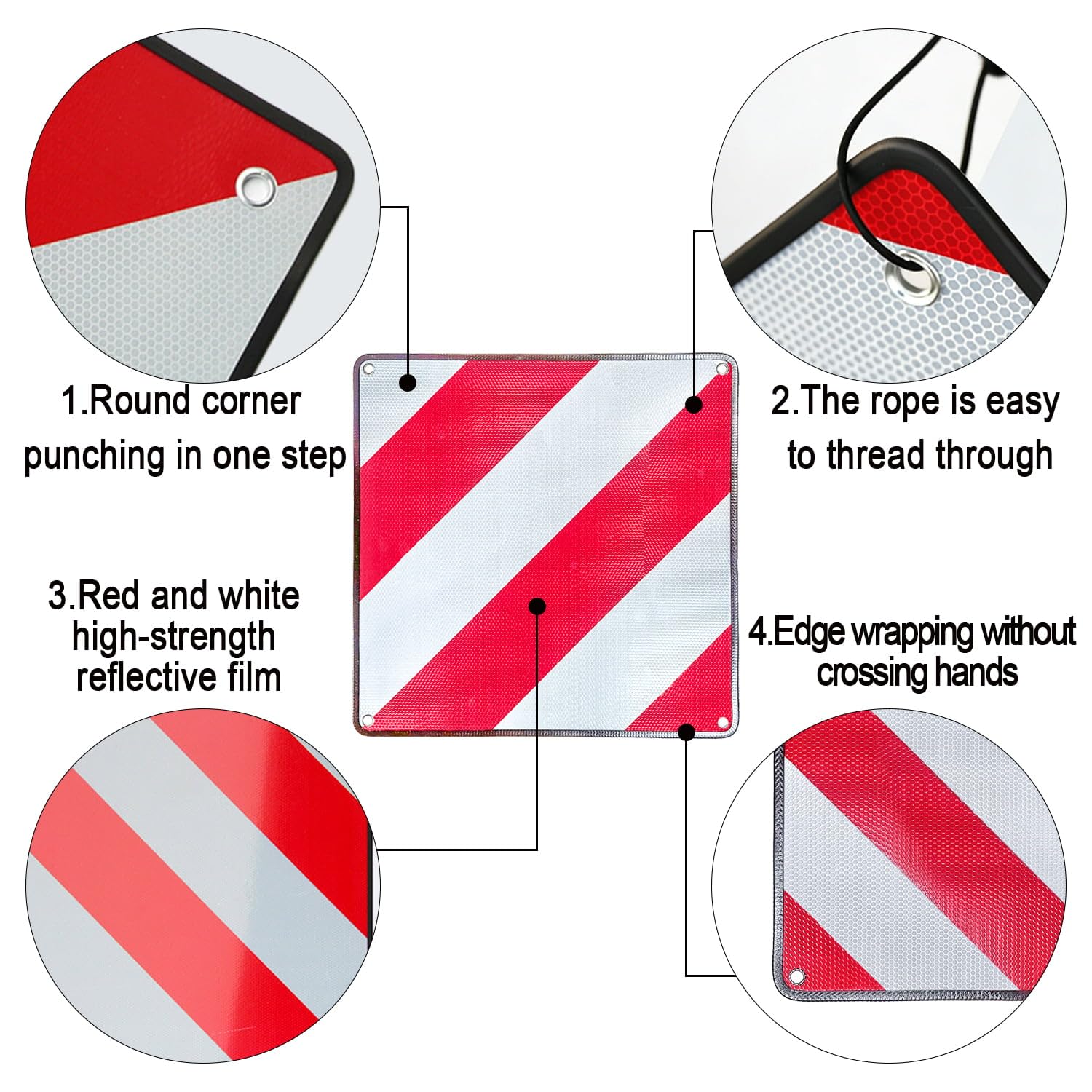 KEELYY Cartello Carichi Sporgenti Spagna Italia Portogallo, in Alluminio, con 4 Cinghie, Segnale di Avvertimento Riflettente Rosso Bianco, Indispensabile per Portabici e Roulotte, 50 x 50 cm - 4