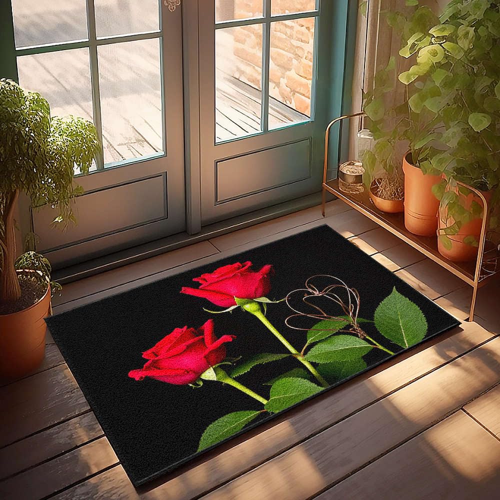 Paillasson Welcome-Ish roses rouges et cœur 65 x 90 cm tapis de cuisine