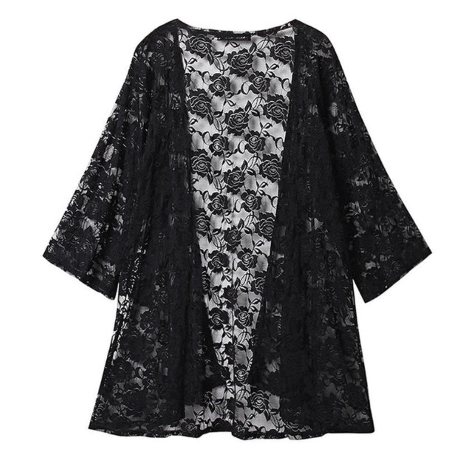 CABULE CABULE Elegante cárdigan estilo kimono vintage para mujer, camisa de encaje bordada, protector solar, ropa de playa, cárdigan de talla grande para mujer, negro, 5XL
