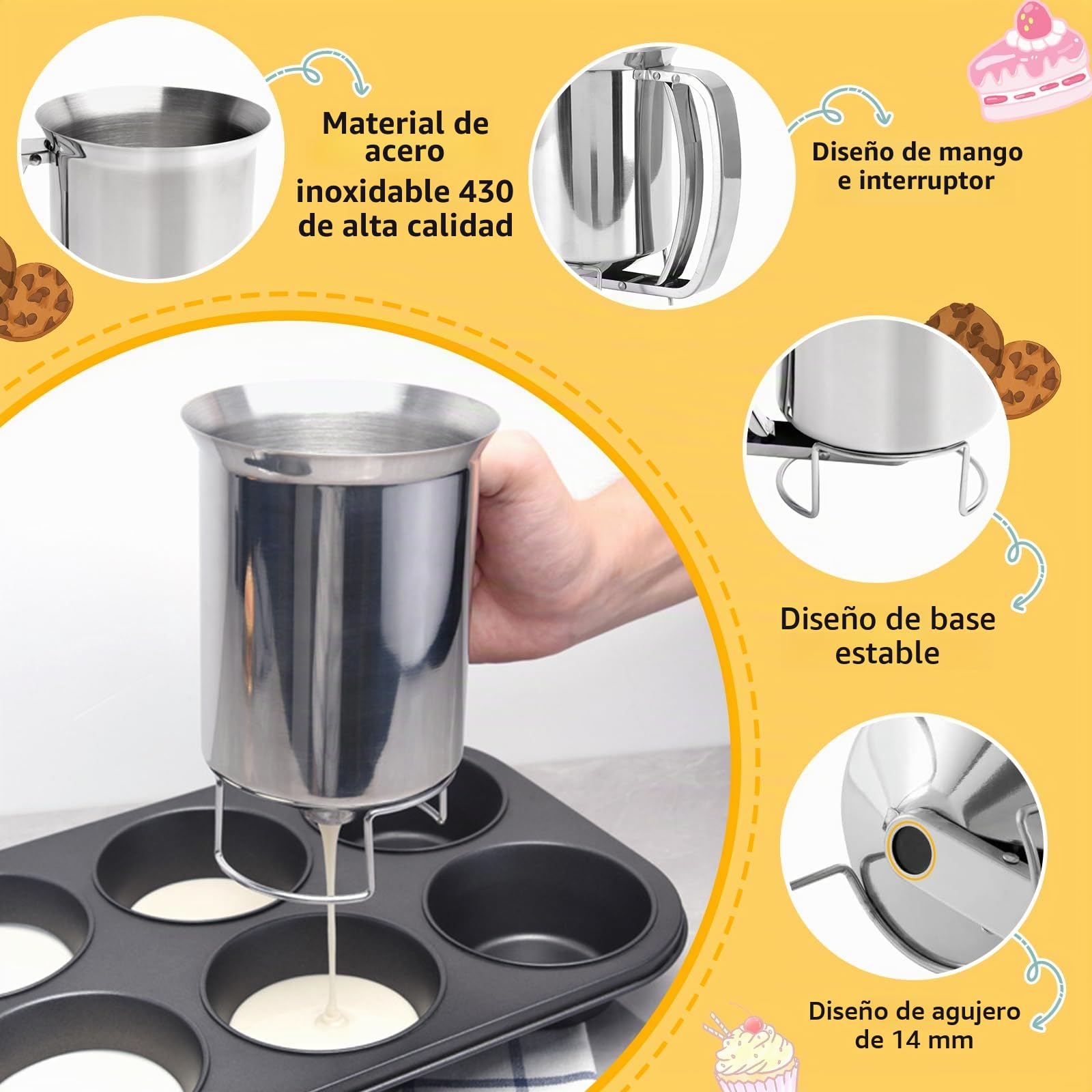 Raxfekro Dispensador de masa de acero inoxidable 900 ml, dosificador de masa con mango aplastado, dosificador de masa para panqueques, magdalenas, galletas y gofres