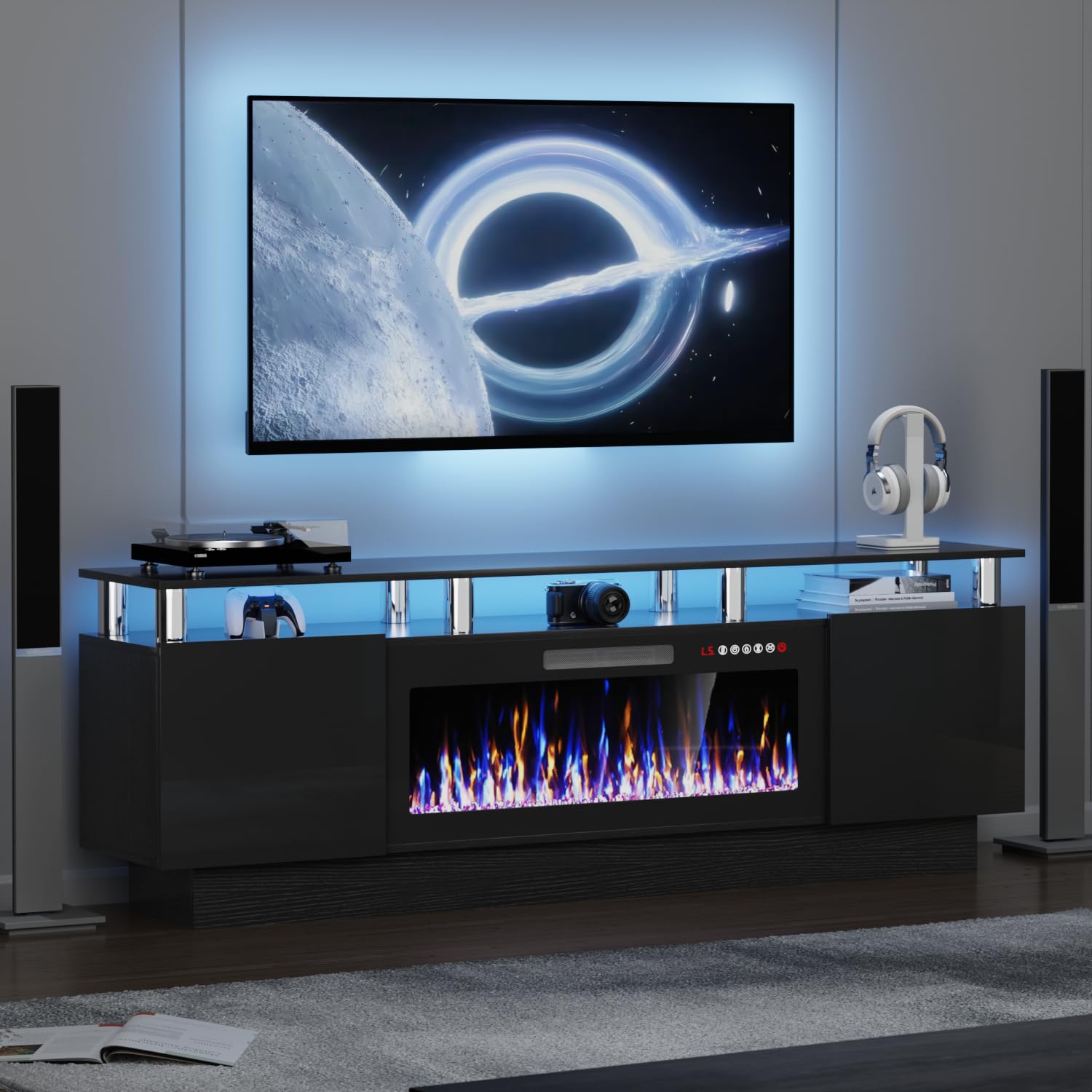 VITESSE 70" Modern Fireplace TV Stand with 36" Electric Fireplace for TVs Up to 80 inch, Luxury LED Light Entertainment Center with High Gloss Cabinet