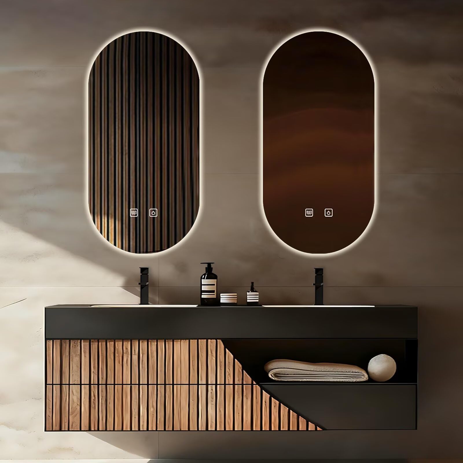 84 Inch Bathroom Vanity - Floating Bathroom Vanity with Double Sinks Includes Modern Minimalist Style & Wooden Strip Cabinet,Open Storage Space and Oval LED Smart Defog Mirror