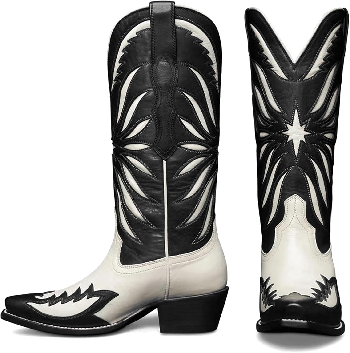 KISTANIA Western Cowboy Boots for Women Mid Calf Knee High Black Cowgirl Boots Square Toe Low Heel Distressed Western Pointed Toe Chunky Block Heel Pull-On Leather Black Booties Size 8