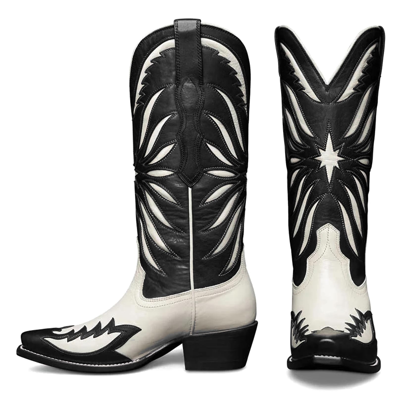 KISTANIA Western Cowboy Boots for Women Mid Calf Knee High Black Cowgirl Boots Square Toe Low Heel Distressed