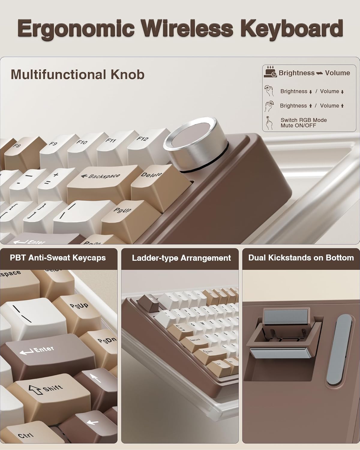 AULA F75 75% Wireless Mechanical Keyboard, Hot Swappable Creamy Keyboard, Pre-lubed Linear Switches, 2.4GHz/Type-C/BT5.0, RGB Backlit Gaming Keyboards(White&Brown) - Image 8