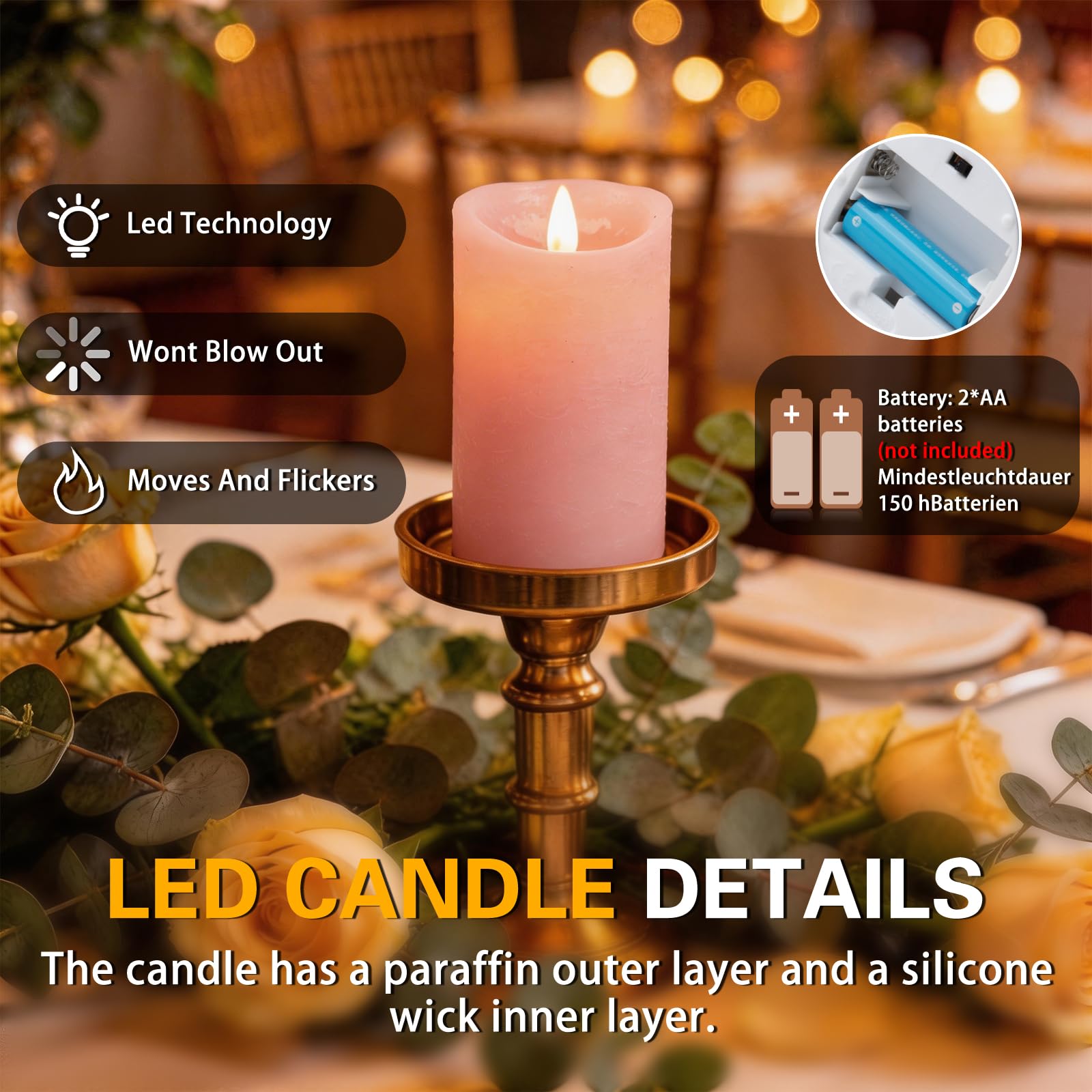 Candele LED, [Set di 3] Candela a Batteria a LED Senza Fiammacon Timer Telecomando Fiamma Tremolante, Luce Bianca Calda, Lumini LED Elettriche, Dimmerabili per Casa Festival Decorazioni - Rosa