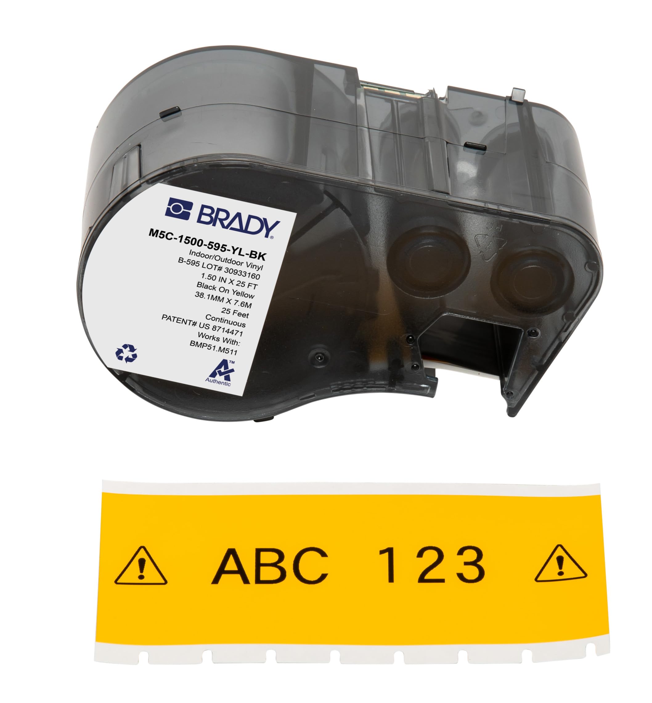 Brady Taśma do etykiet Winyl samolaminujący do etykieciarek BMP51/BMP53/M511 - Samoprzylepne etykiety - Czarny na białym, przezroczystym (38,10 mm (L) x 7,62 m (l)) - M5C-1500-427
