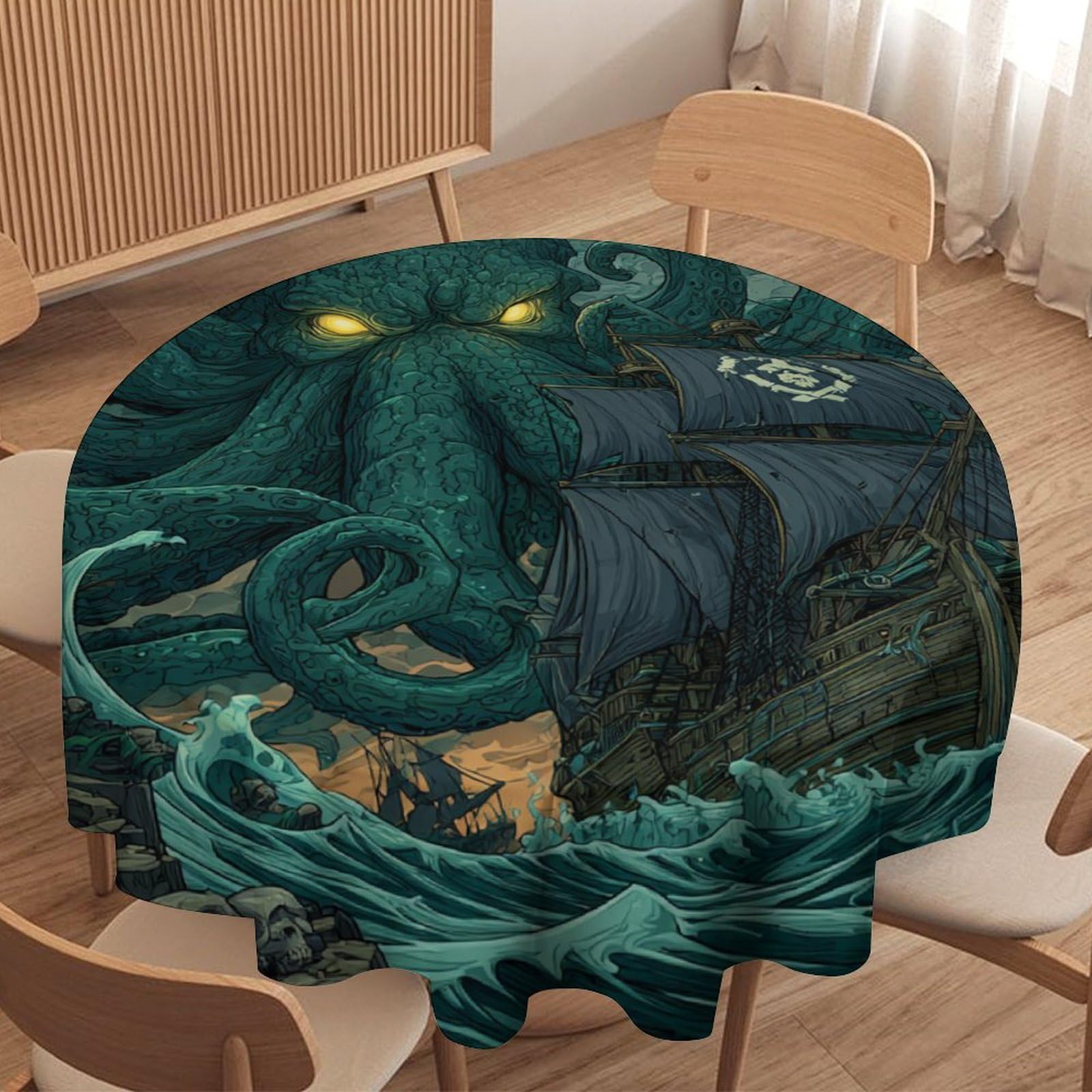 Luyysky Vintage Modern Sea Octopus Waterproof Round Tablecloth Classic Nautical Animal Octopus Pirate Ship Skeleton Skull Washable Table Cover For Kitchen-127 Wx127 L Cm