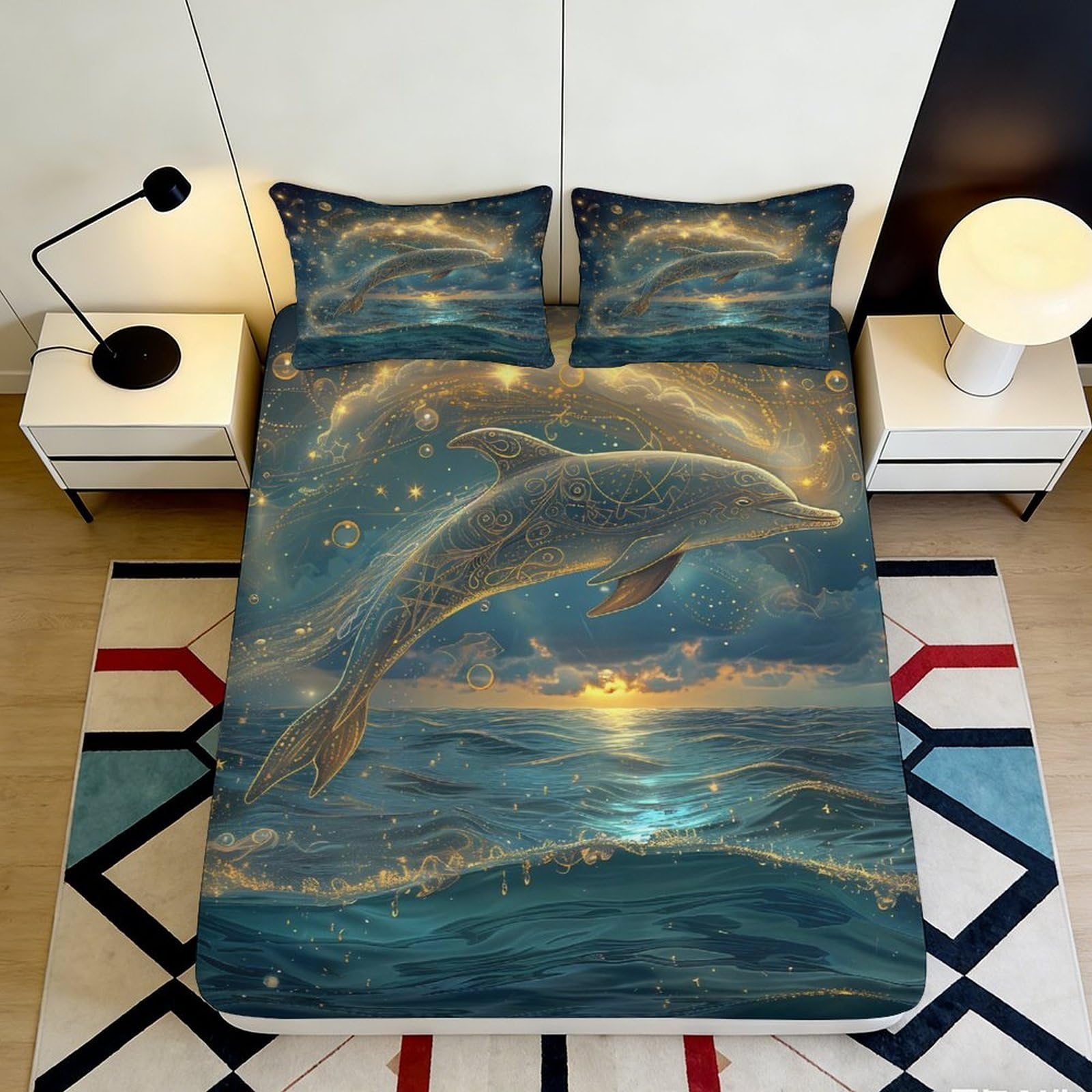 Pnayamiorkfel Style-6 3D Printed Golden Dolphin Ocean Fitted Sheet Microfiber Soft Breathable Sunset Waves Bed Cover For Bedroom Decor 90X200x25cm