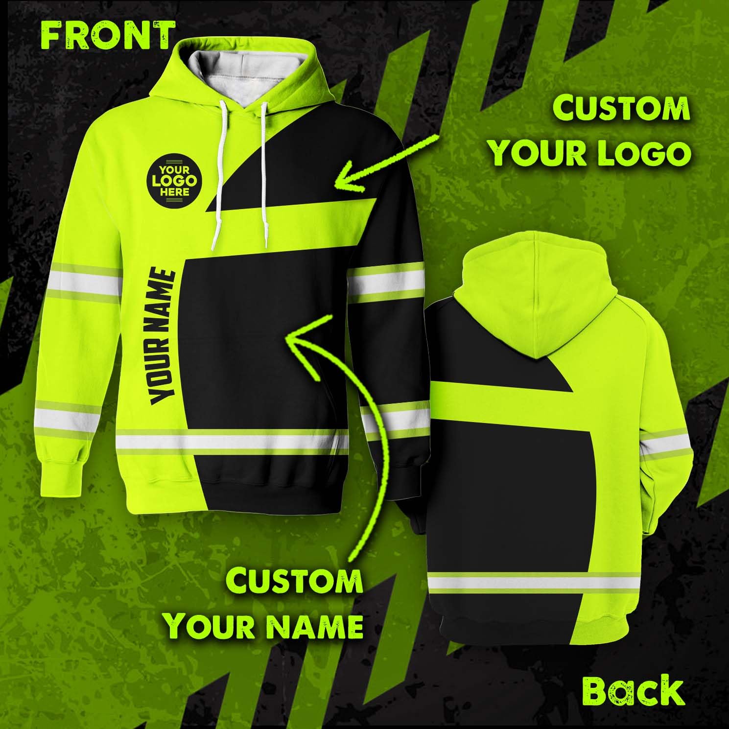 HiVis Custom Reflective Hoodie Hi Vis Uniform Green Neon Black Curved Custom Logo And Name High Visibility Hoodie For Men Reflective Hoodie Construction Workwear For Workers, Truckers, Patriotic-XL